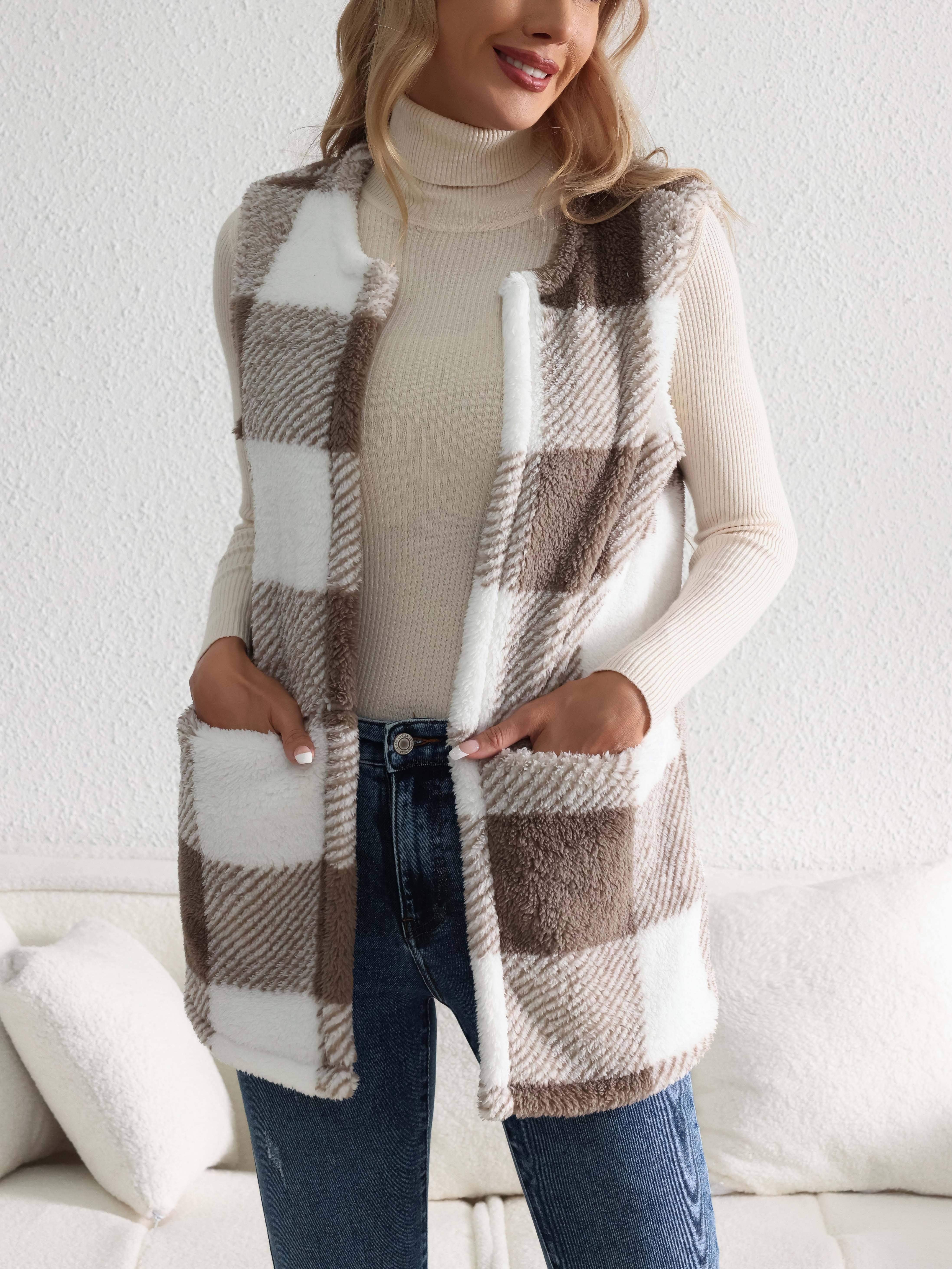 plaid open front teddy vest casual sleeveless winter vest with pocket womens clothing details 22