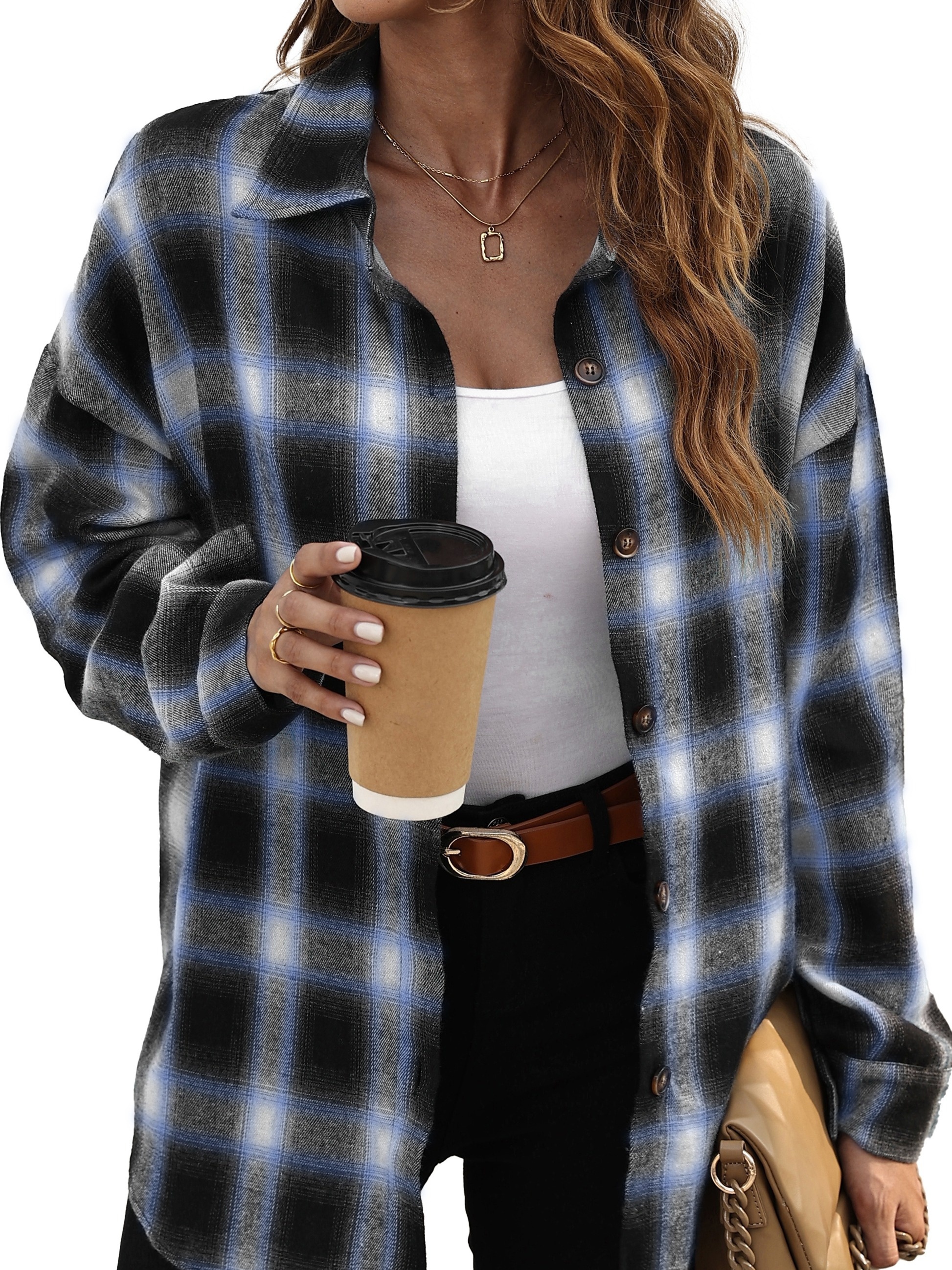 plaid pattern shacket jacket casual button front long sleeve outerwear womens clothing details 15