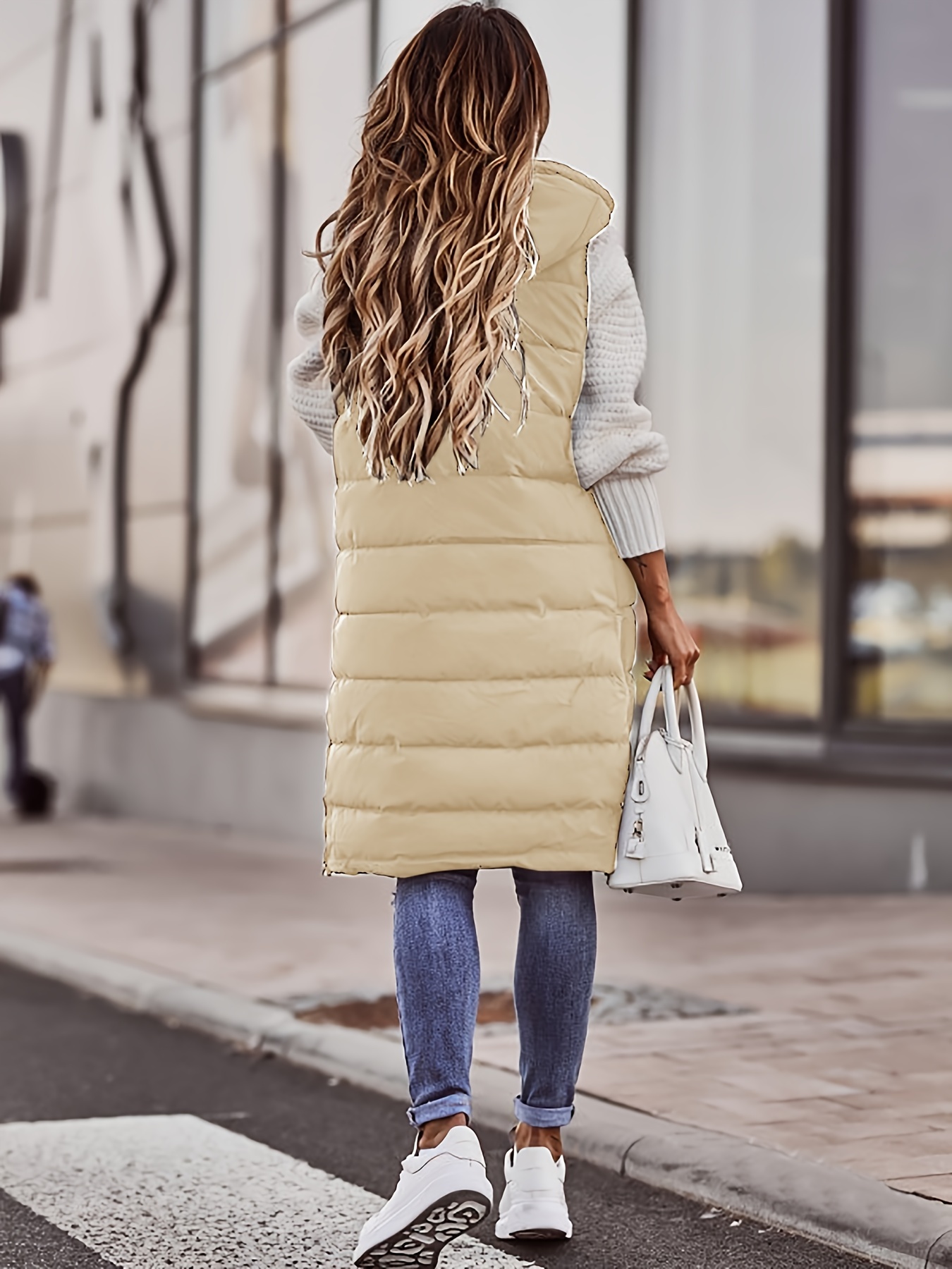hooded sleeveless coat casual long length versatile winter warm outerwear womens clothing details 11