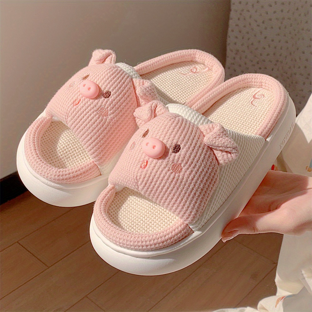 cute cartoon pig slippers open toe memory foam slip on indoor shoes comfort platform linen slippers details 2