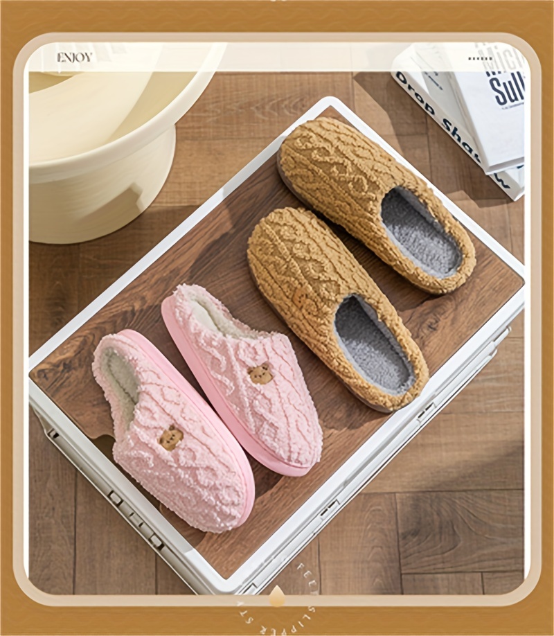 solid color home warm slippers slip on soft sole flat non slip fuzzy shoes winter plush cozy slides shoes details 9