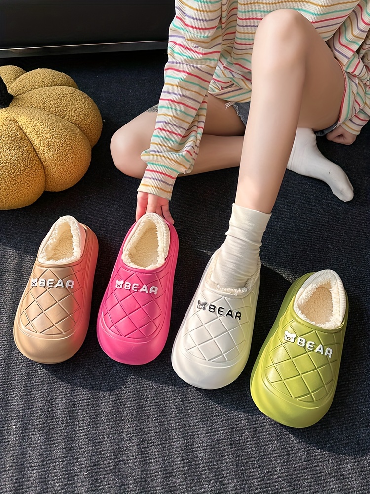 waterproof plush lined slippers cute bear slip on eva outsole shoes winter cozy warm home slippers details 0