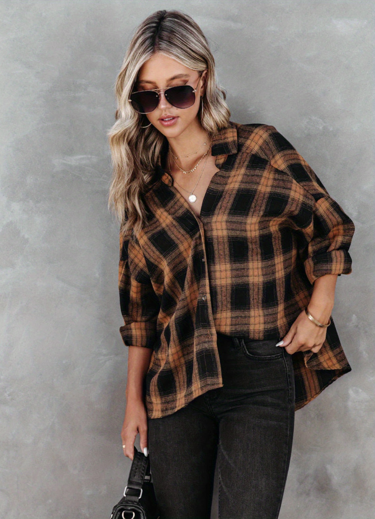 plaid pattern button front jacket casual lapel long sleeve outwear womens clothing details 0