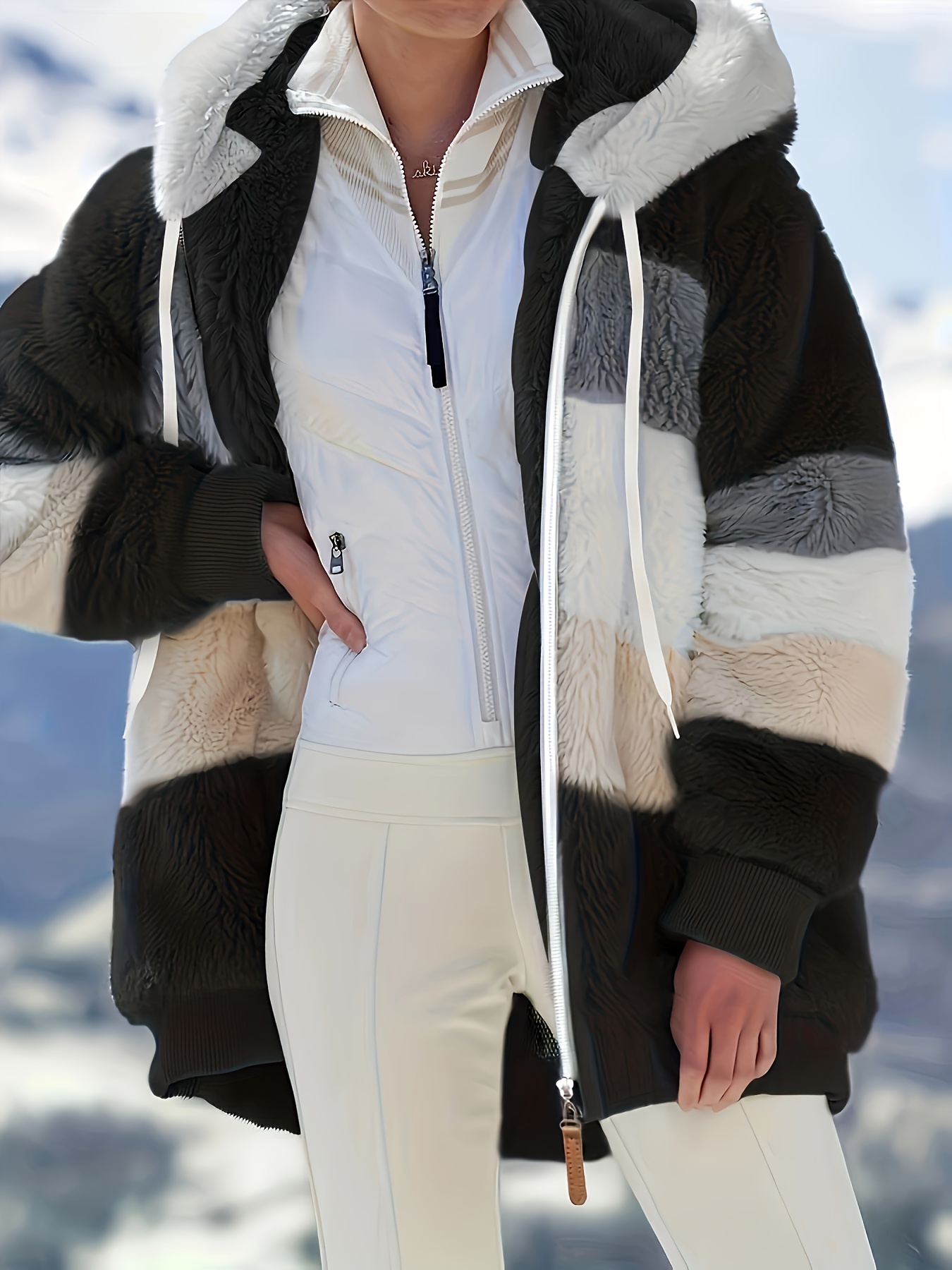 color block hooded teddy coat casual zip up long sleeve winter warm outerwear womens clothing details 5