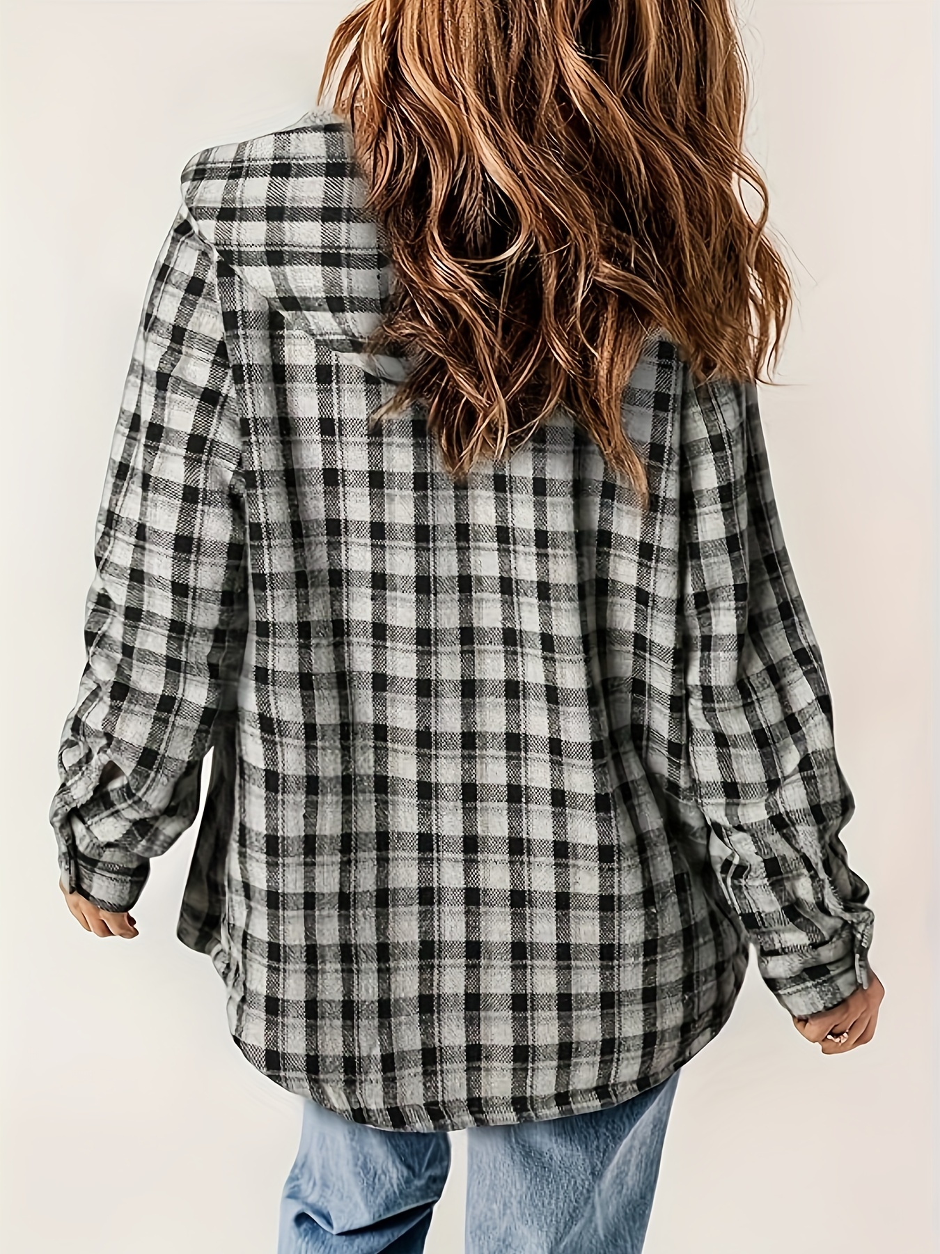 plaid pattern zip up jacket casual hooded long sleeve warm outwear womens clothing details 1