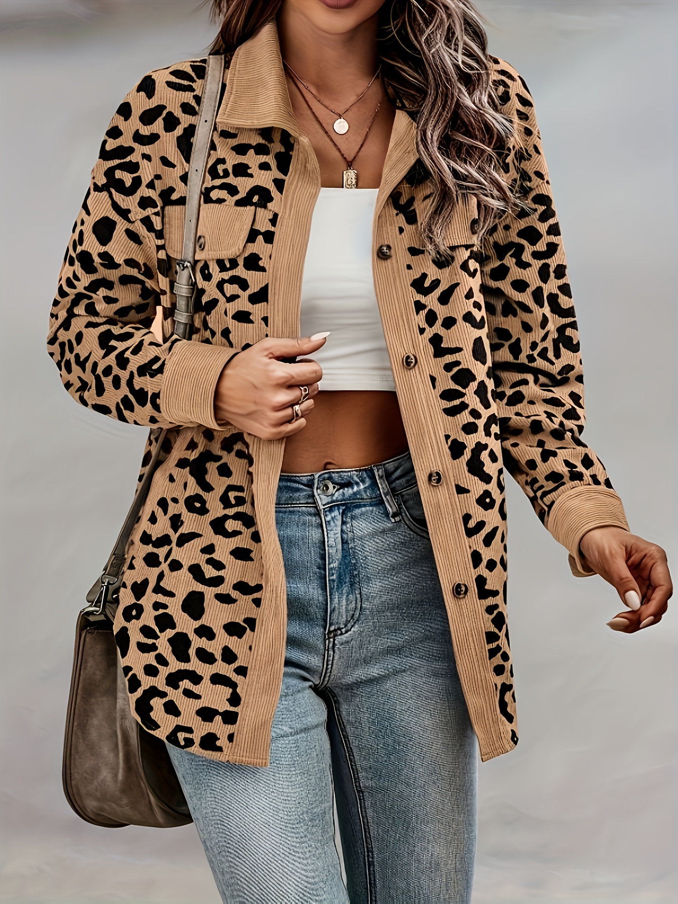 leopard print button front jacket casual long sleeve jacket for fall winter womens clothing details 40