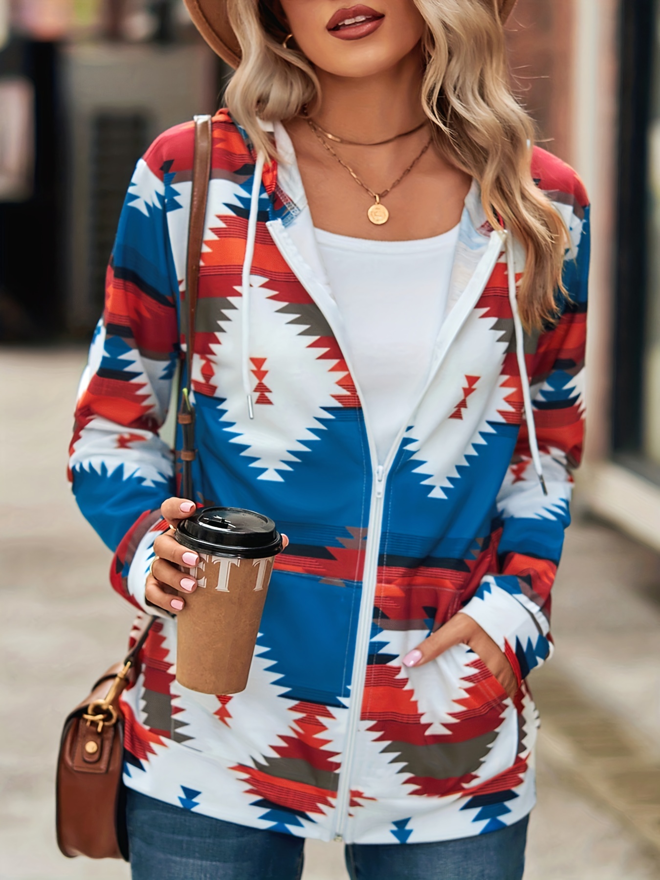 aztec print zip up jacket casual drawstring hooded long sleeve outerwear womens clothing details 2
