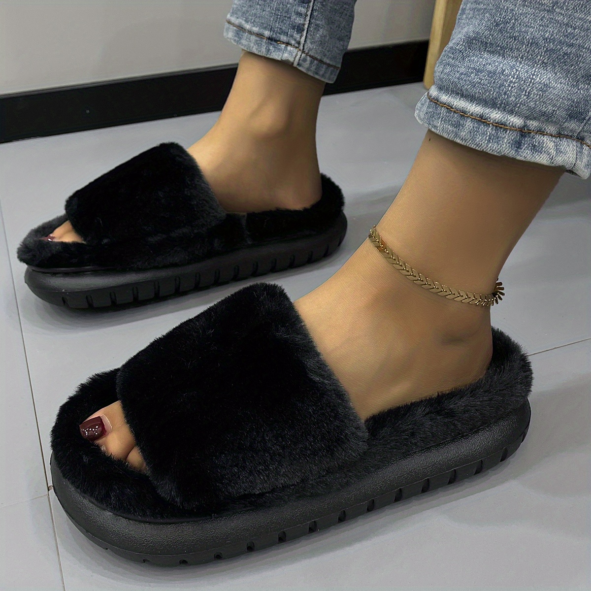 womens fuzzy plush platform slippers comfy open toe non slip bedroom shoes indoor outdoor shoes details 11