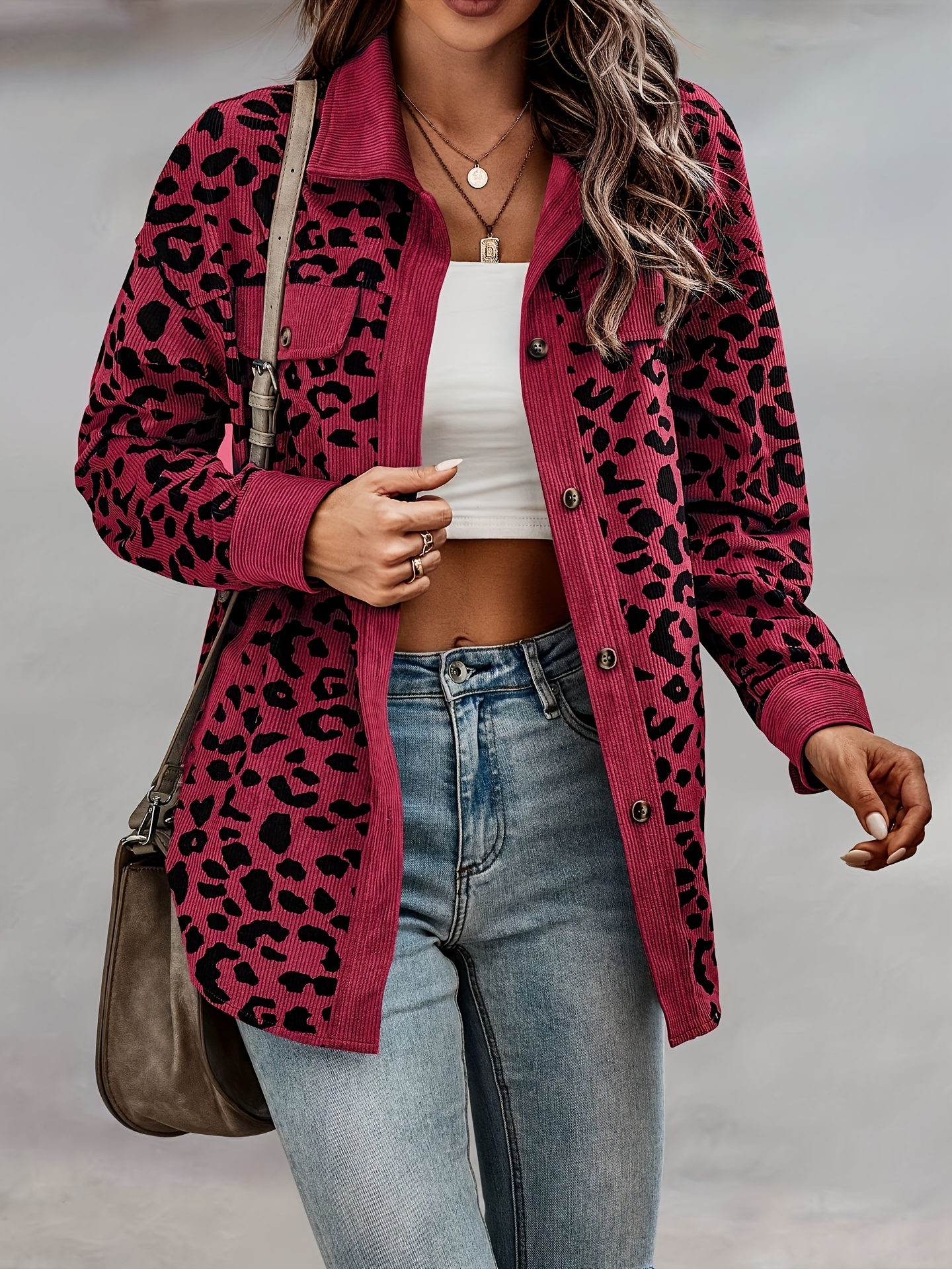 leopard print button front jacket casual long sleeve jacket for fall winter womens clothing details 15