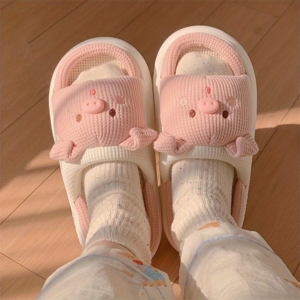 cute cartoon pig slippers open toe memory foam slip on indoor shoes comfort platform linen slippers details 1