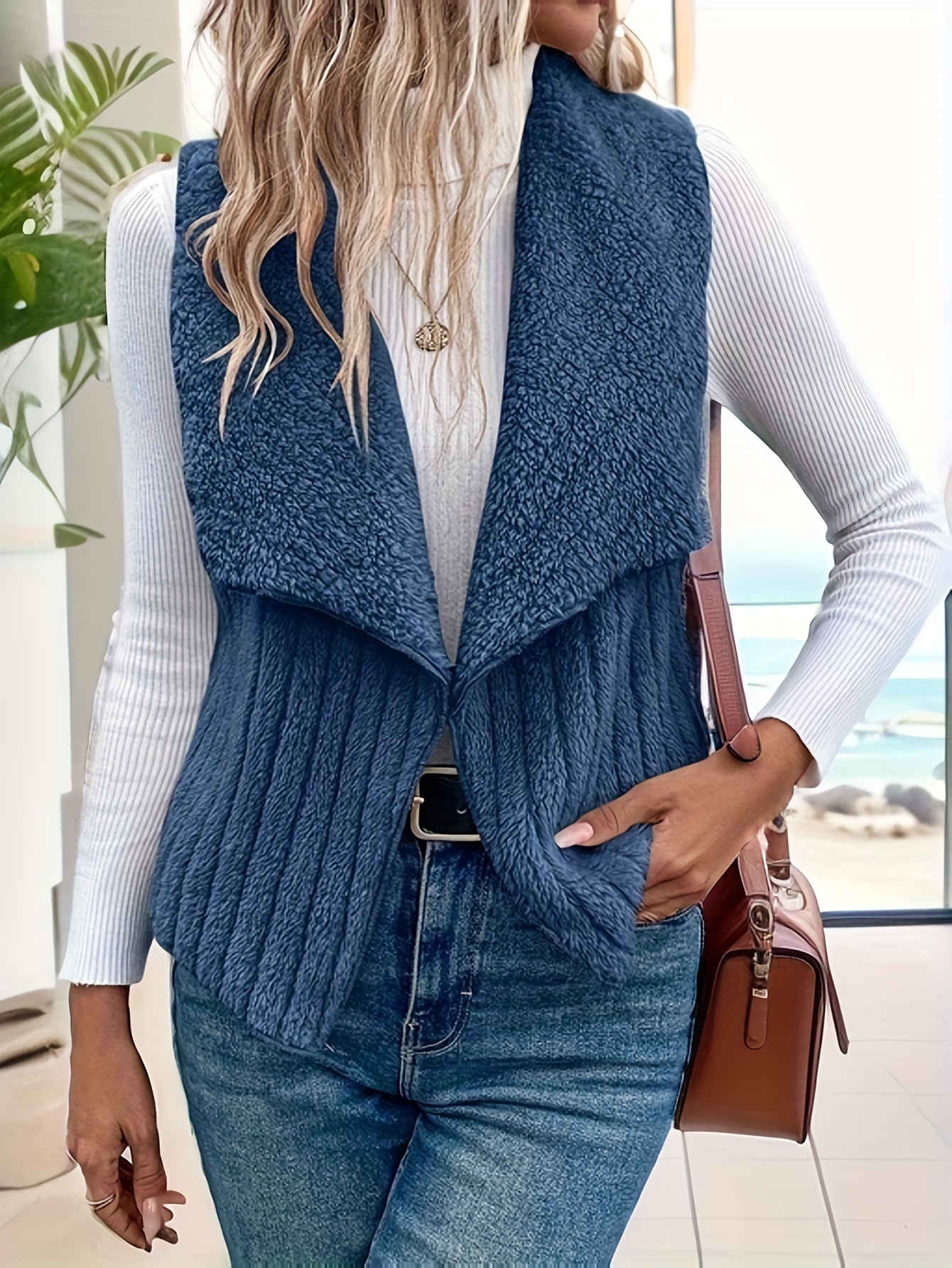 waterfall collar fuzzy vest elegant open front sleeveless vest womens clothing details 22