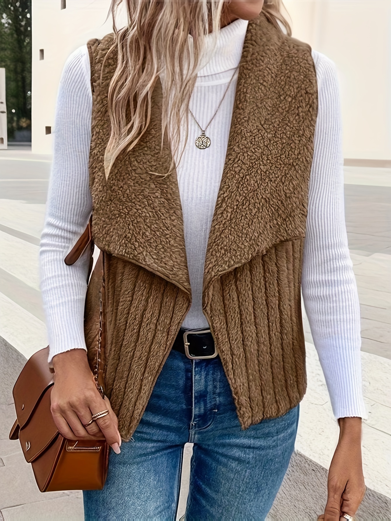 waterfall collar fuzzy vest elegant open front sleeveless vest womens clothing details 35