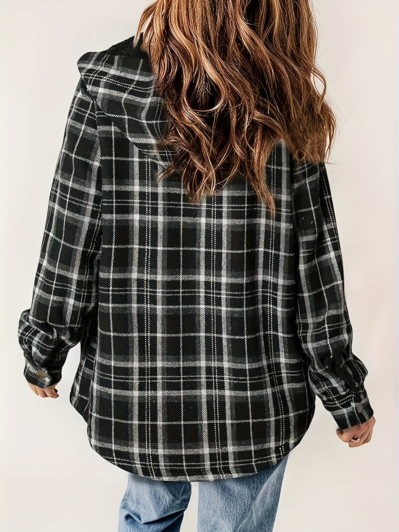 plaid pattern zip up jacket casual hooded long sleeve warm outwear womens clothing details 21