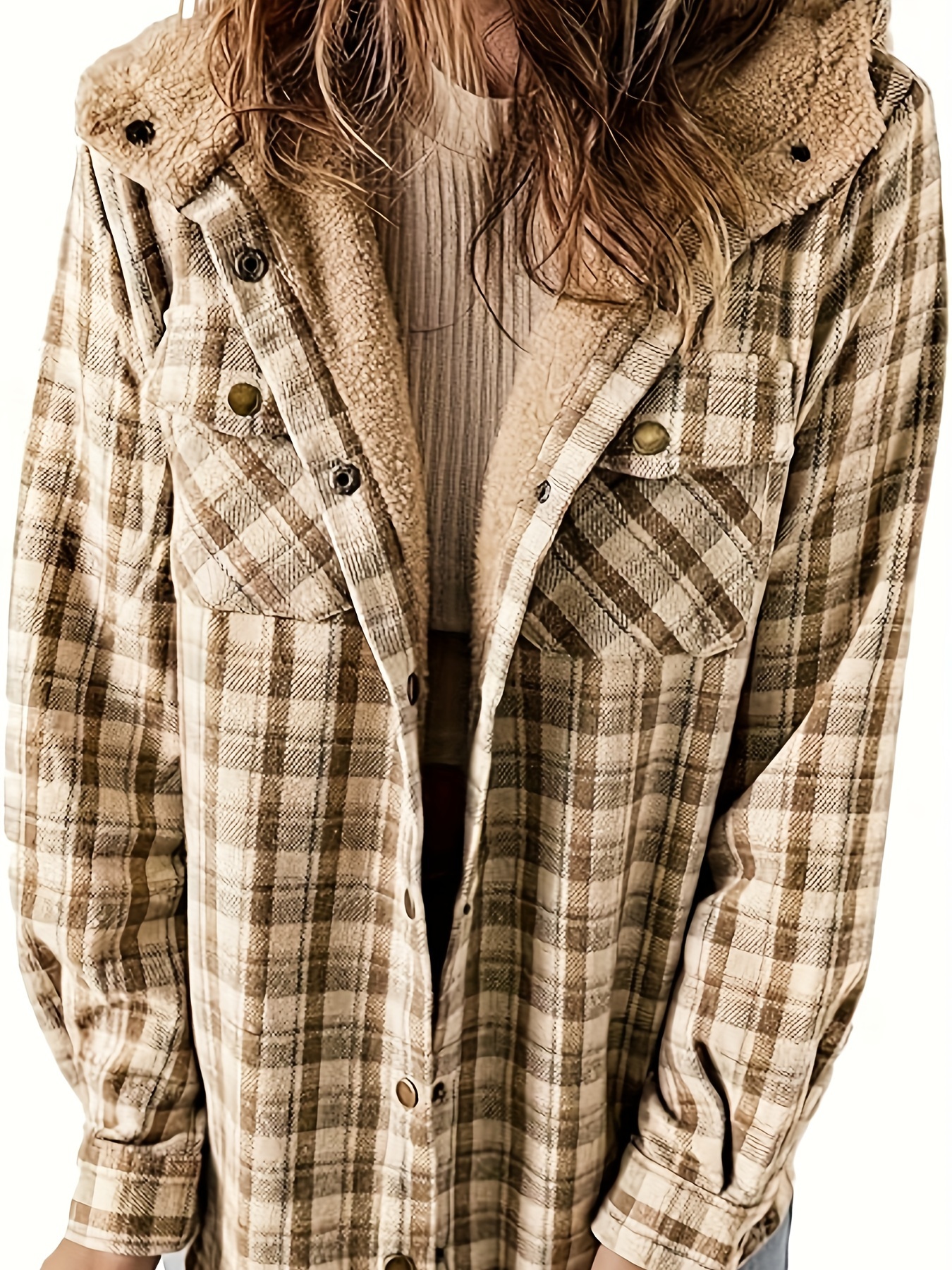 plaid pattern zip up jacket casual hooded long sleeve warm outwear womens clothing details 13