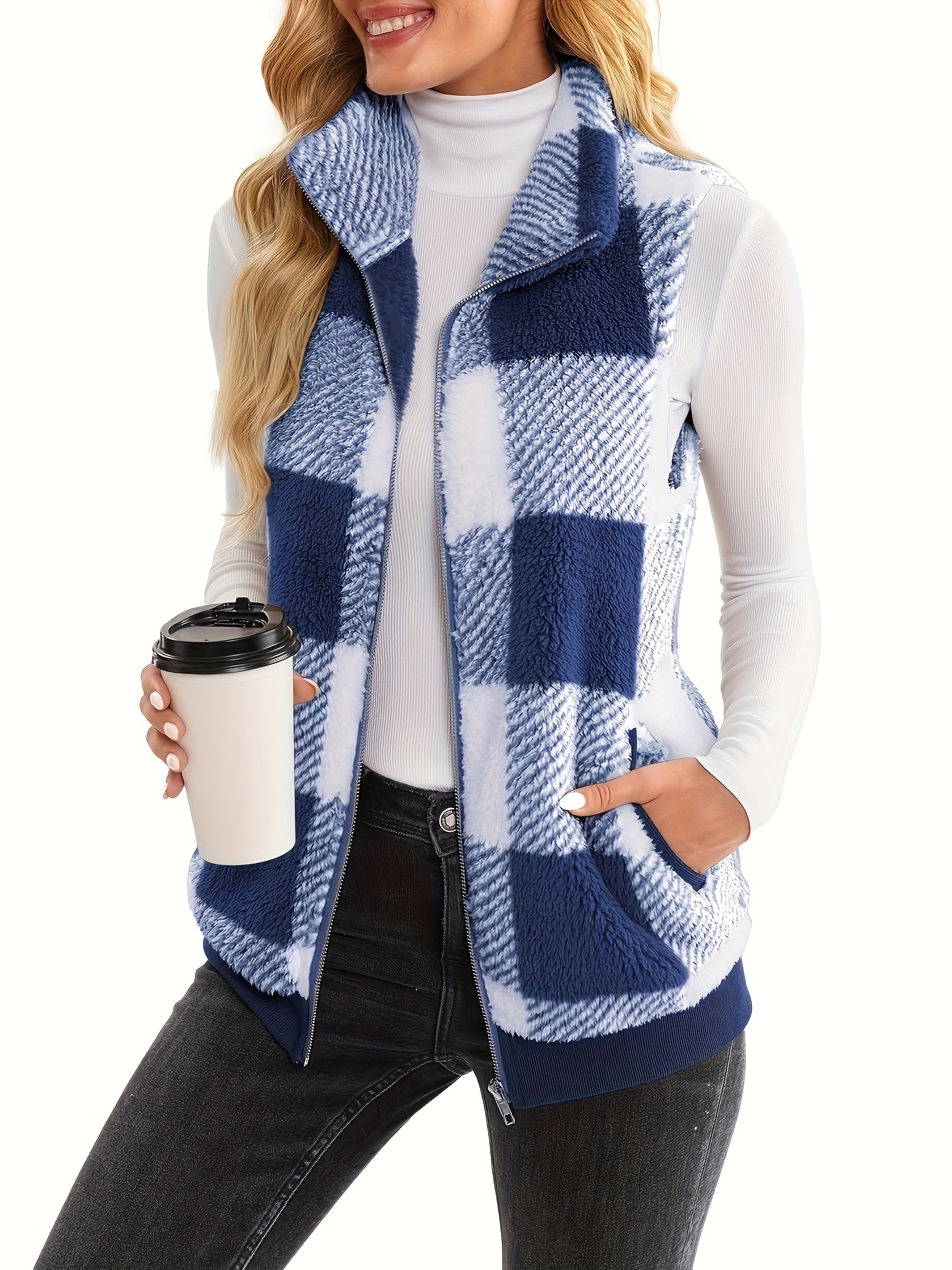 plaid stand collar teddy vest casual zip up sleeveless vest womens clothing details 20