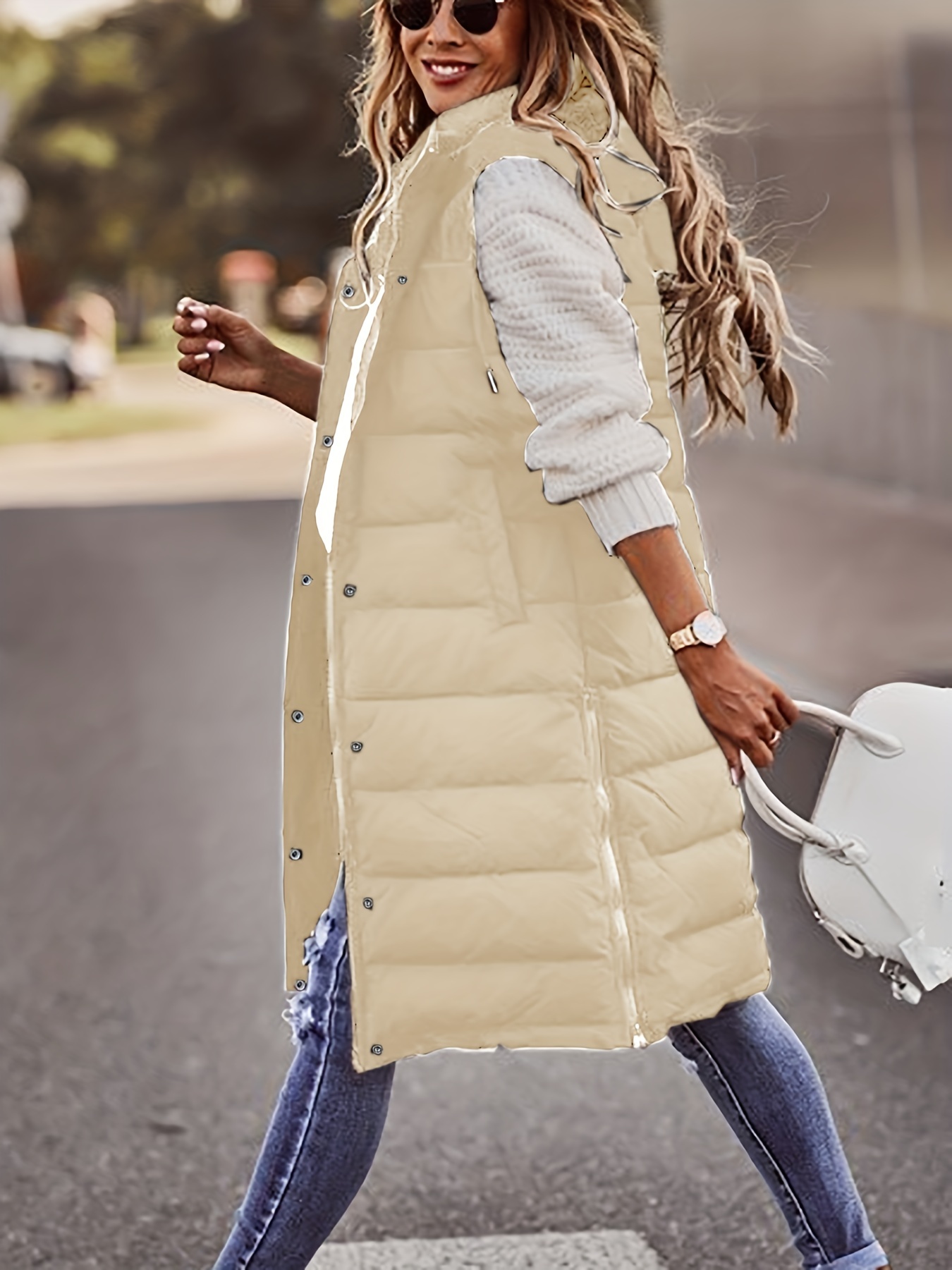 hooded sleeveless coat casual long length versatile winter warm outerwear womens clothing details 10