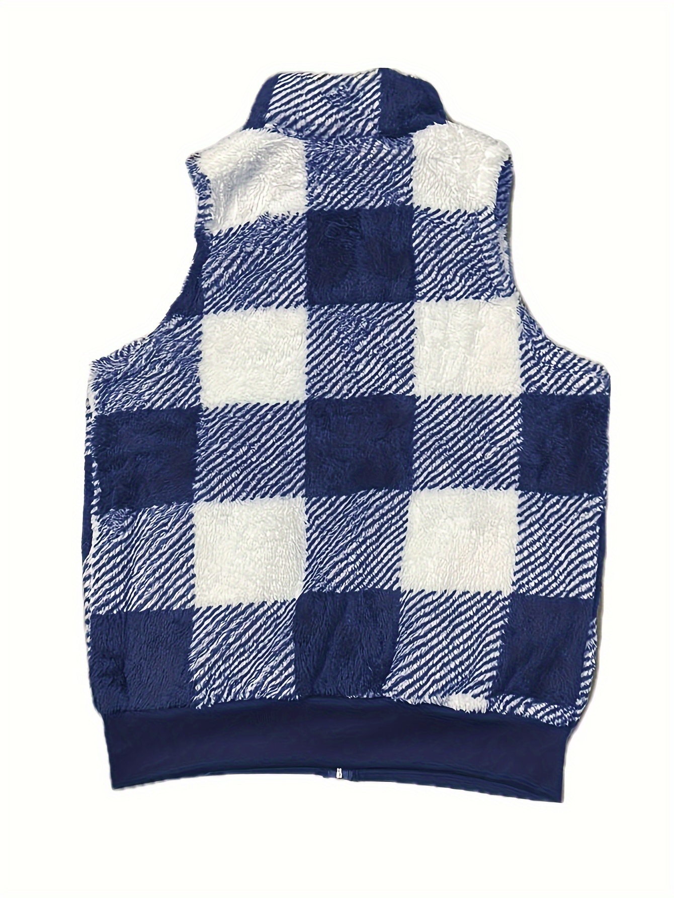 plaid stand collar teddy vest casual zip up sleeveless vest womens clothing details 18