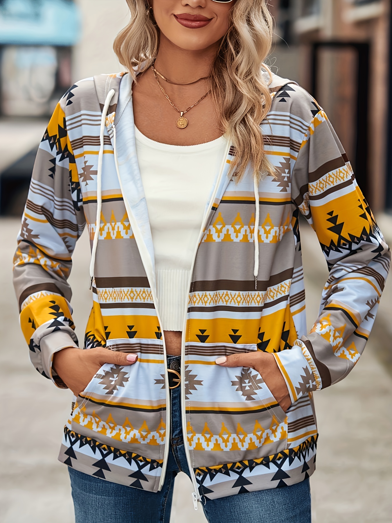 aztec print zip up jacket casual drawstring hooded long sleeve outerwear womens clothing details 7
