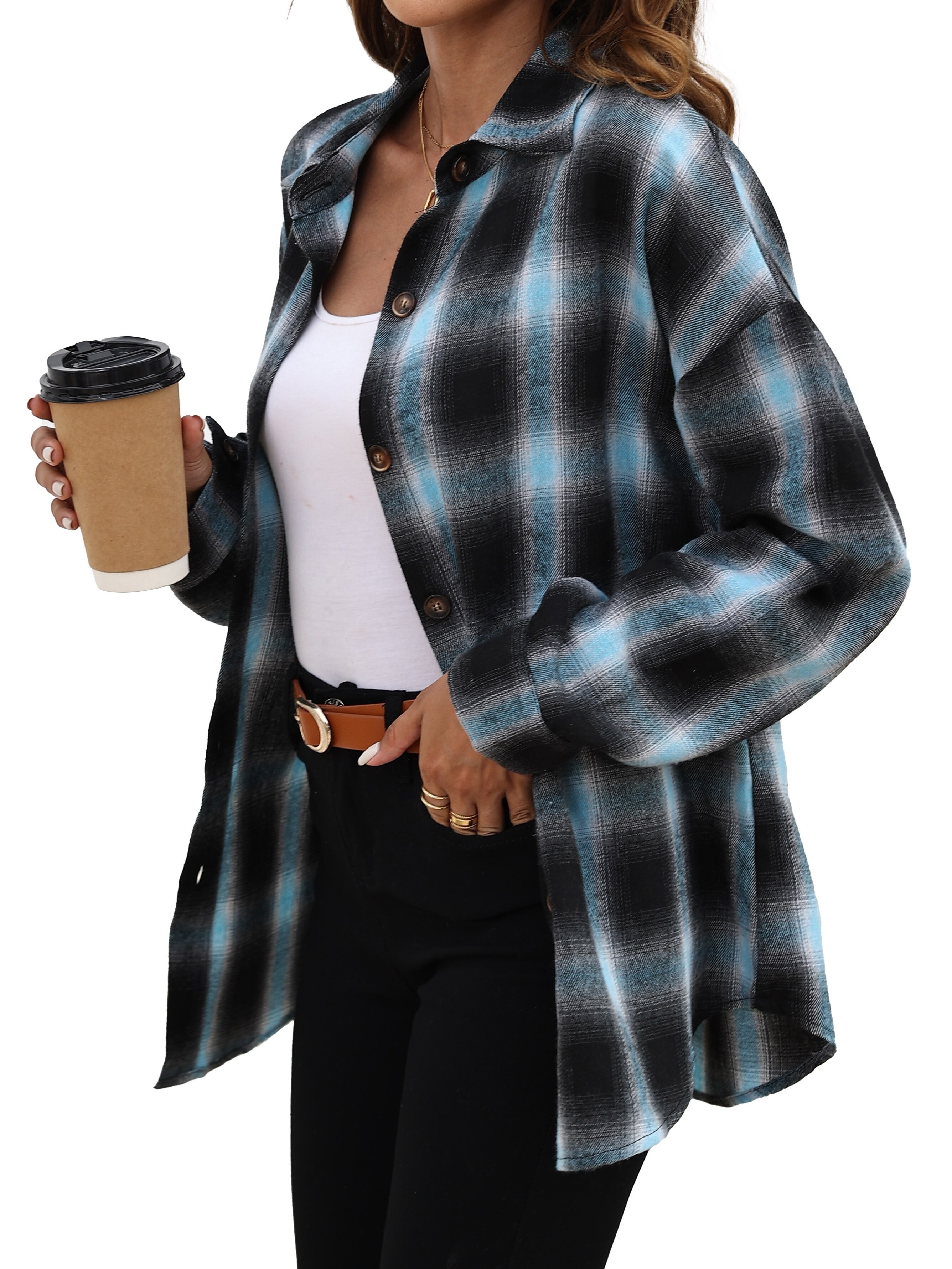 plaid pattern shacket jacket casual button front long sleeve outerwear womens clothing details 1