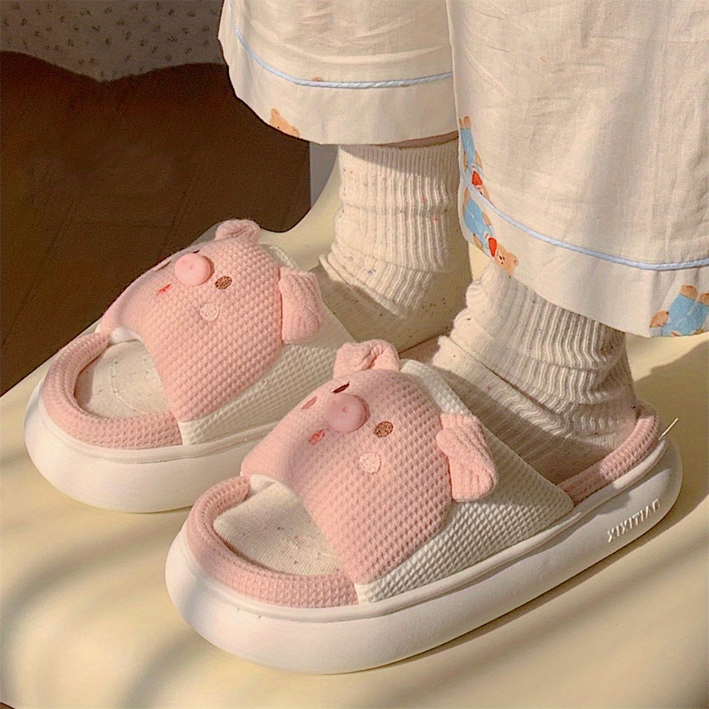 cute cartoon pig slippers open toe memory foam slip on indoor shoes comfort platform linen slippers details 4