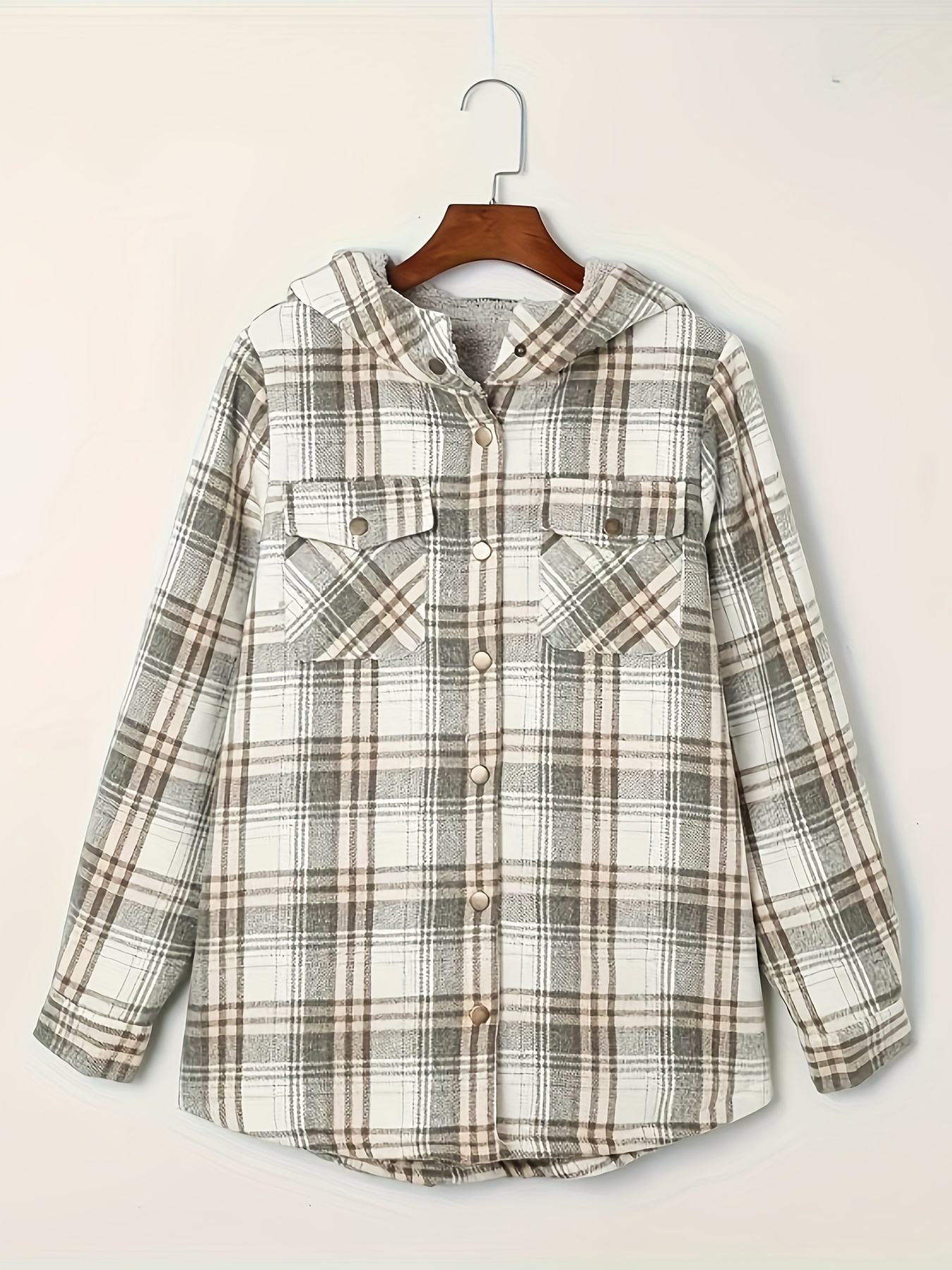 plaid pattern zip up jacket casual hooded long sleeve warm outwear womens clothing details 32