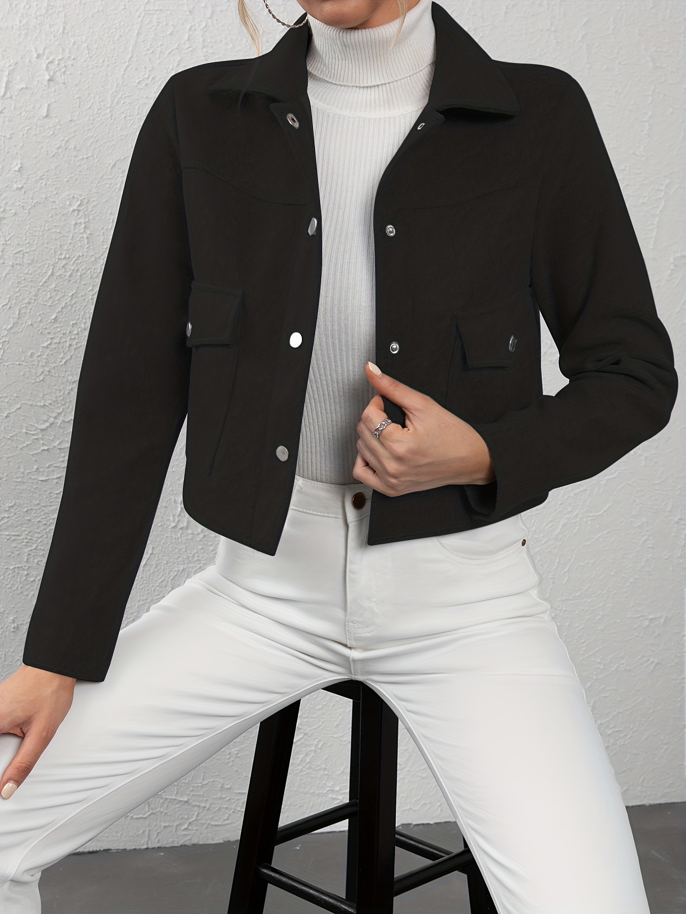 solid button front lapel neck jacket casual long sleeve outerwear for spring fall womens clothing details 0