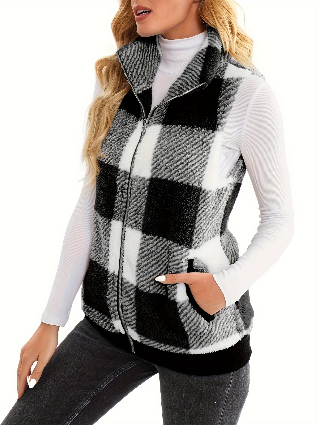 plaid stand collar teddy vest casual zip up sleeveless vest womens clothing details 14