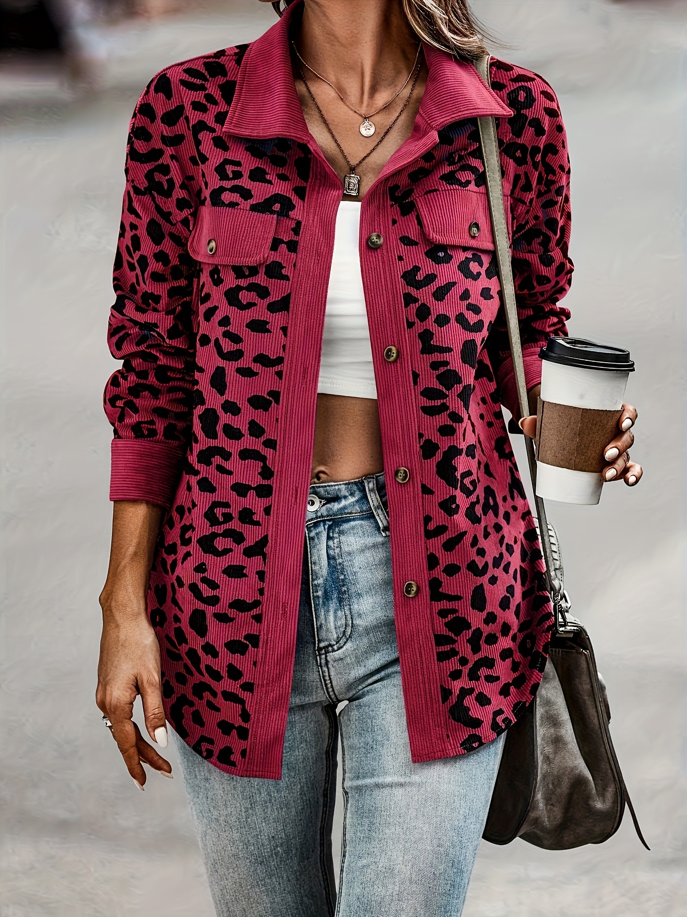 leopard print button front jacket casual long sleeve jacket for fall winter womens clothing details 17