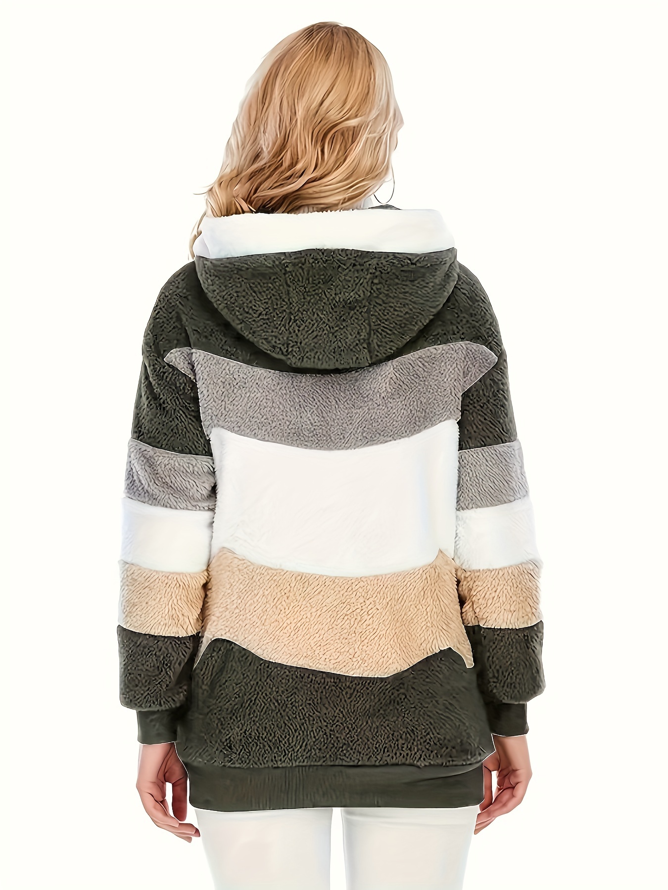 color block hooded teddy coat casual zip up long sleeve winter warm outerwear womens clothing details 21