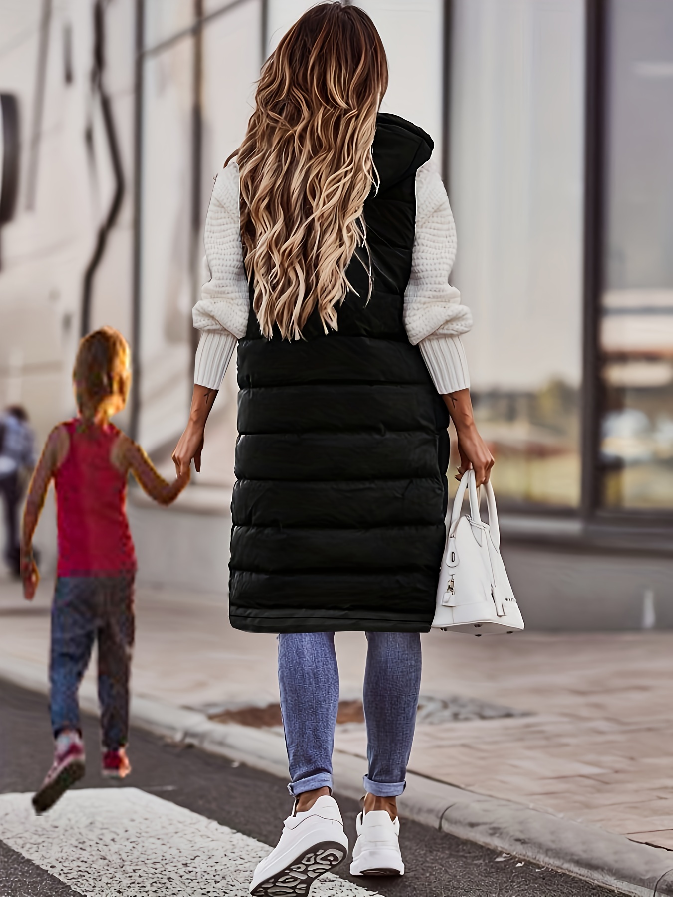 hooded sleeveless coat casual long length versatile winter warm outerwear womens clothing details 4