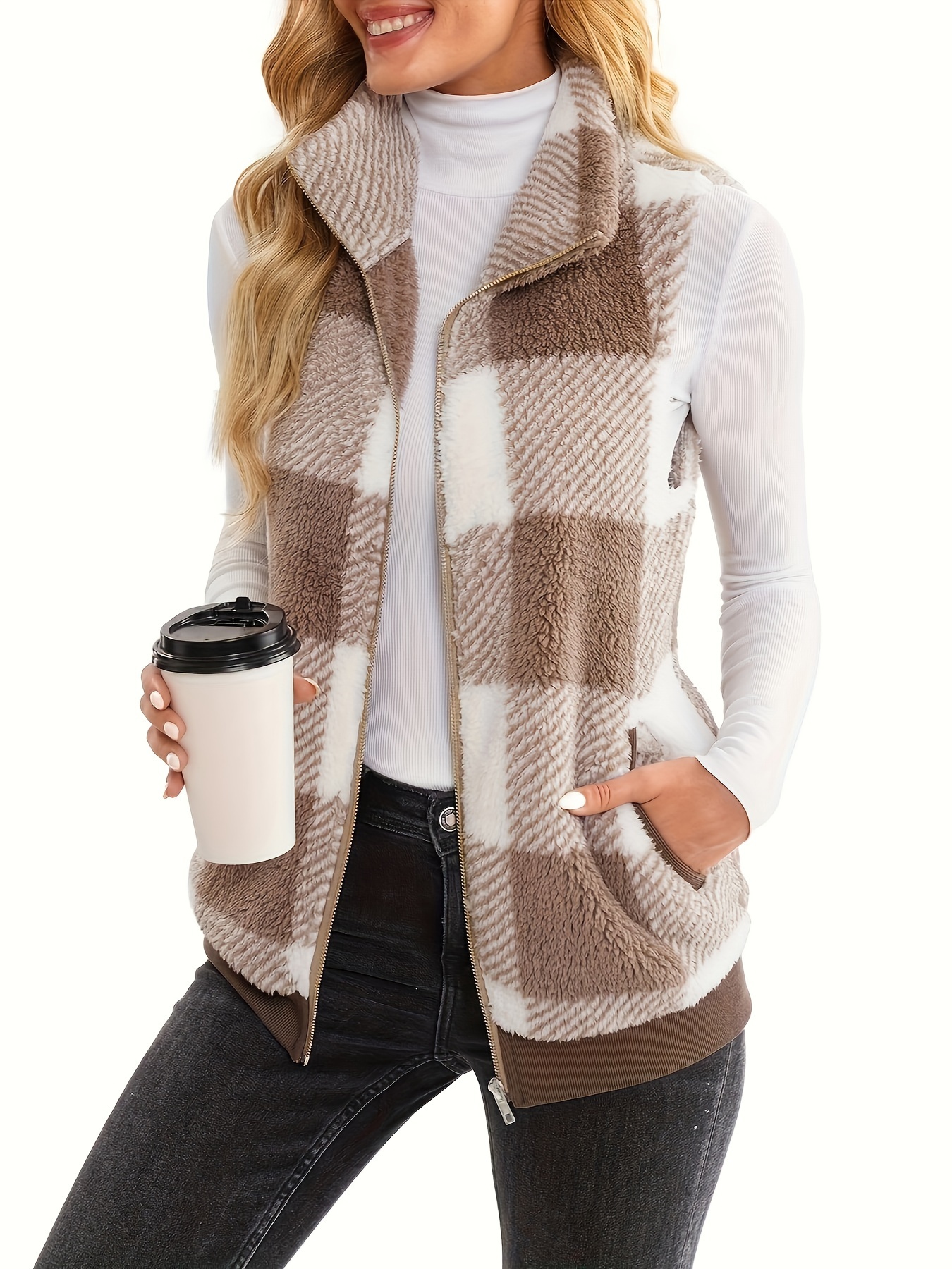 plaid stand collar teddy vest casual zip up sleeveless vest womens clothing details 9