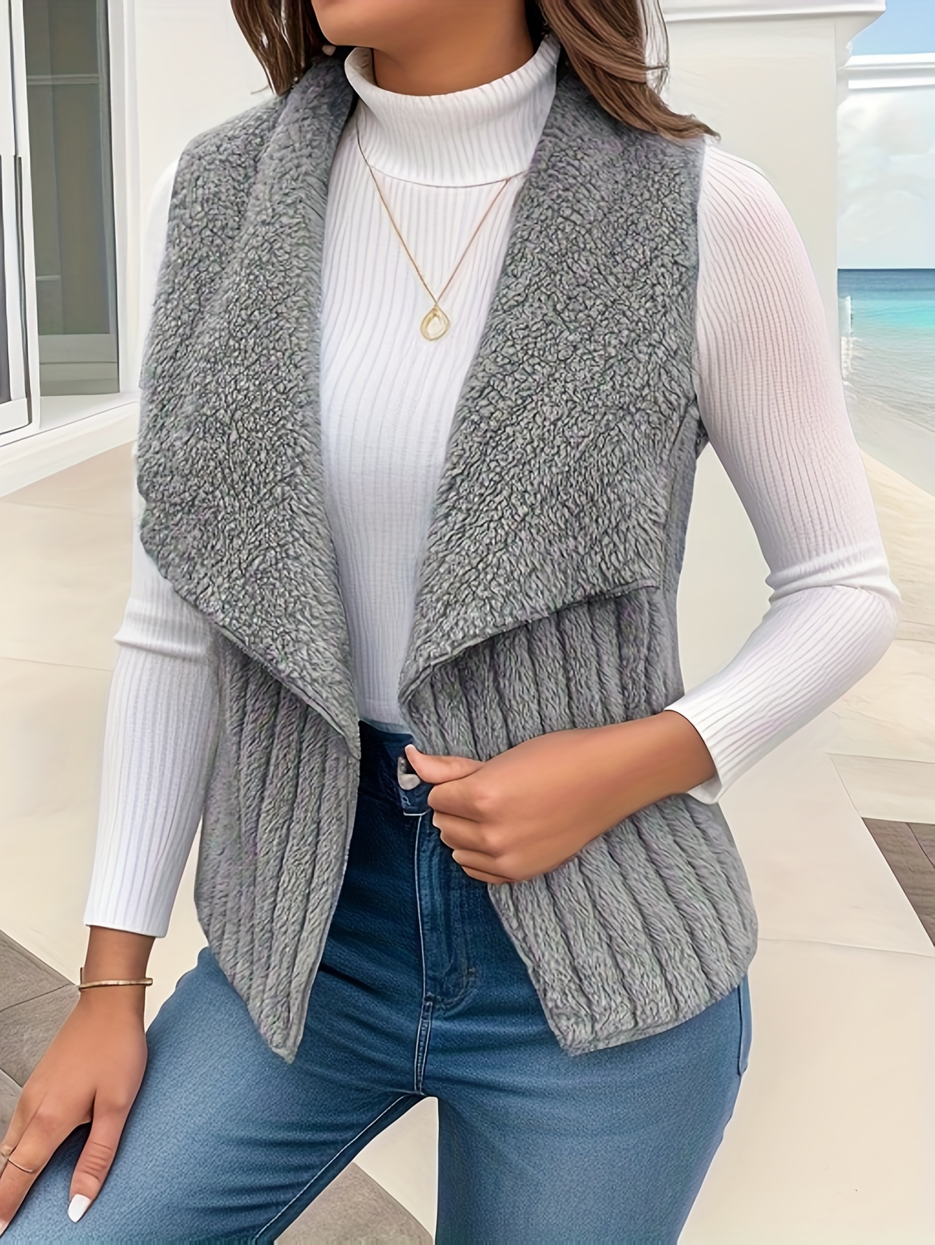 waterfall collar fuzzy vest elegant open front sleeveless vest womens clothing details 33