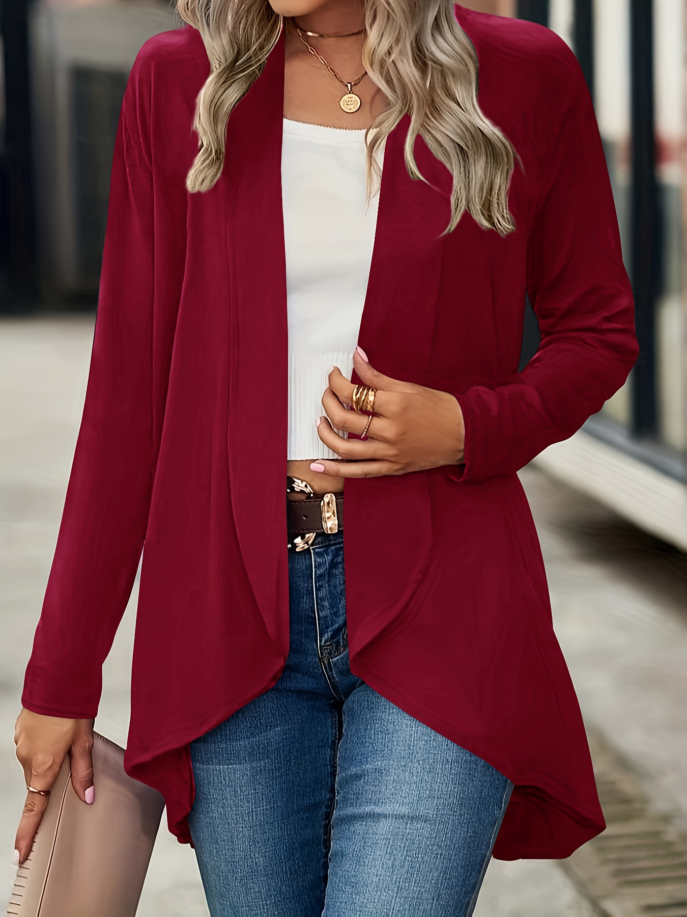 casual open front solid cardigan long sleeve cardigan for spring fall womens clothing details 12