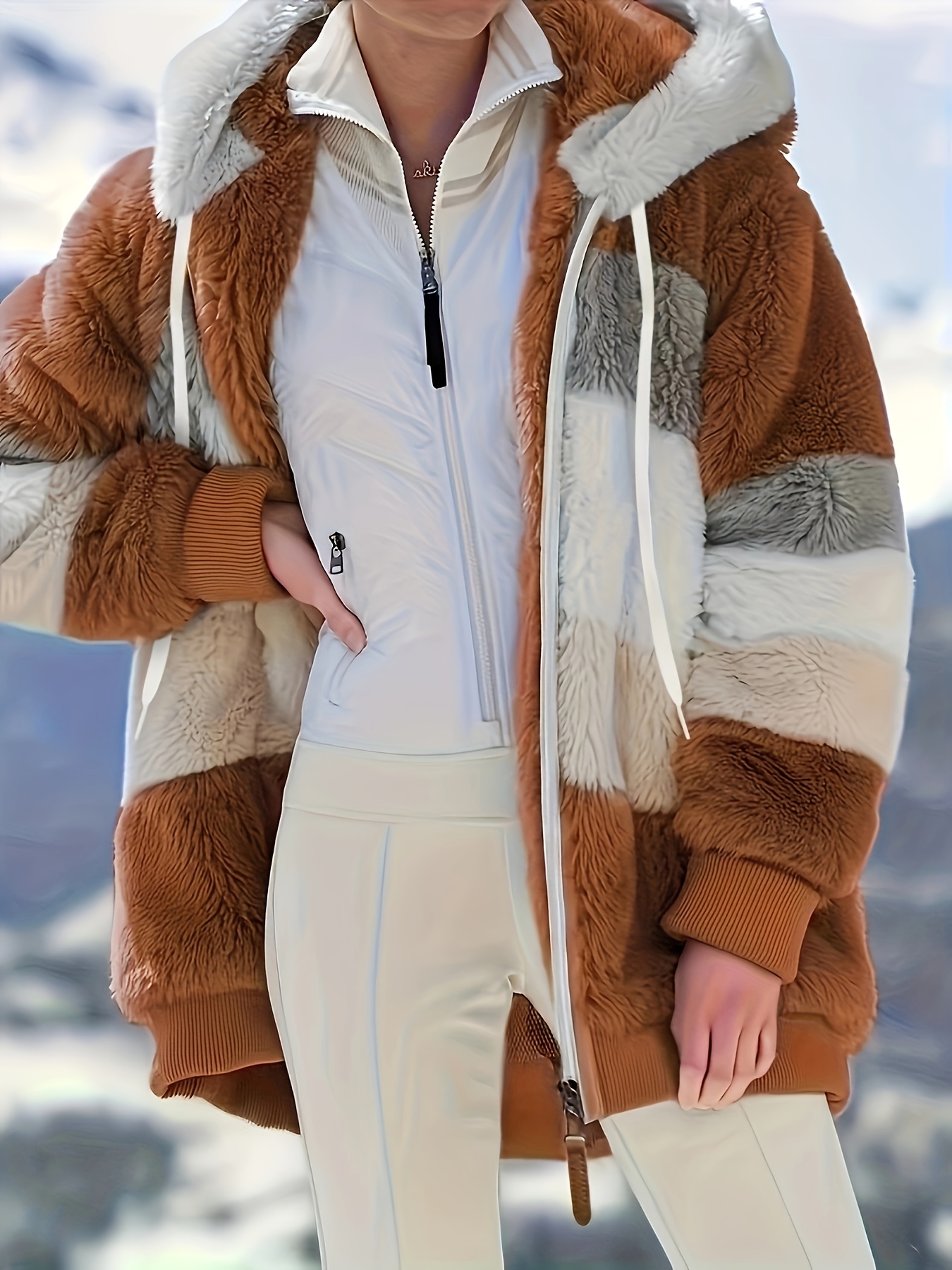 color block hooded teddy coat casual zip up long sleeve winter warm outerwear womens clothing details 10