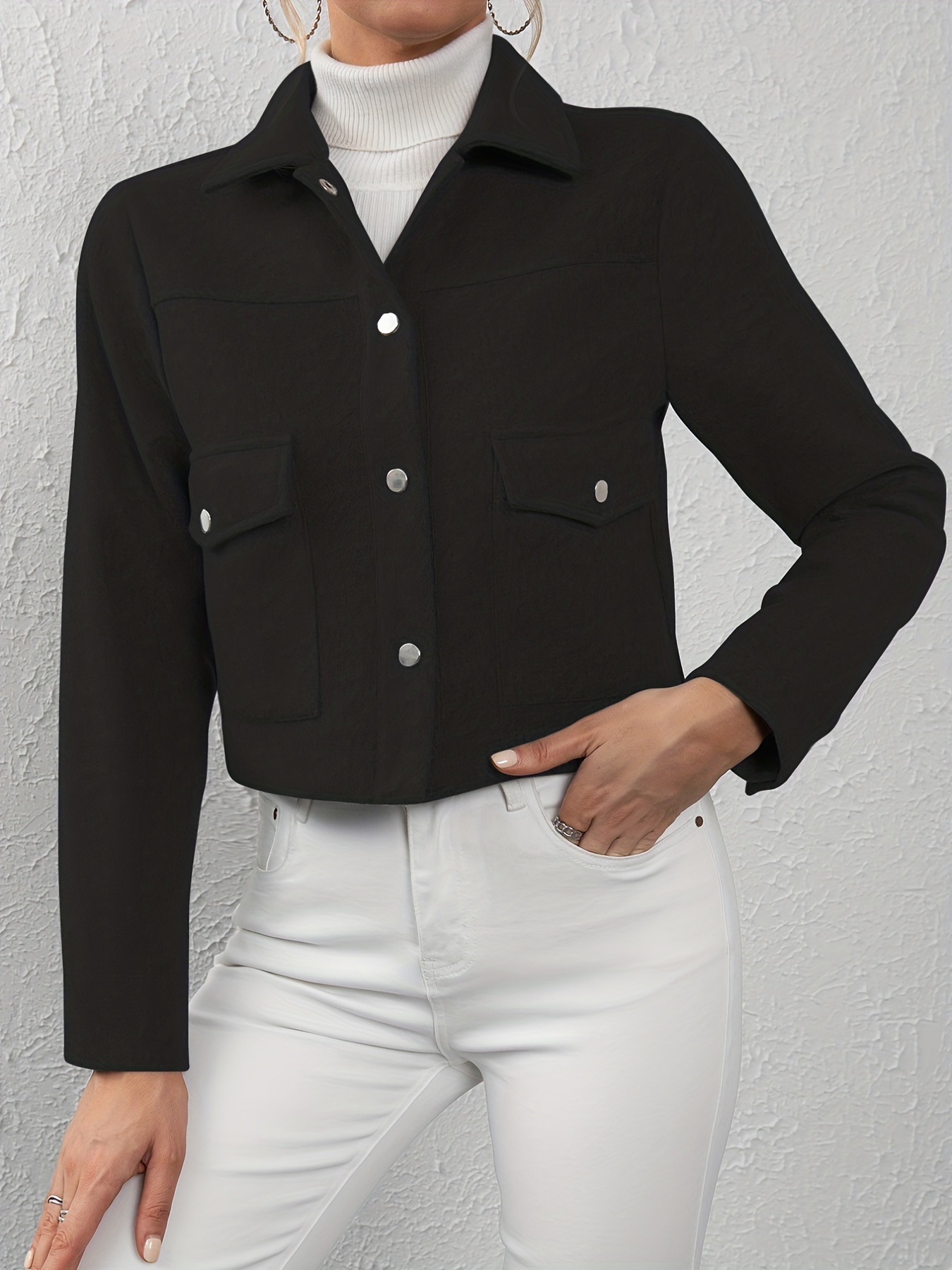 solid button front lapel neck jacket casual long sleeve outerwear for spring fall womens clothing details 2