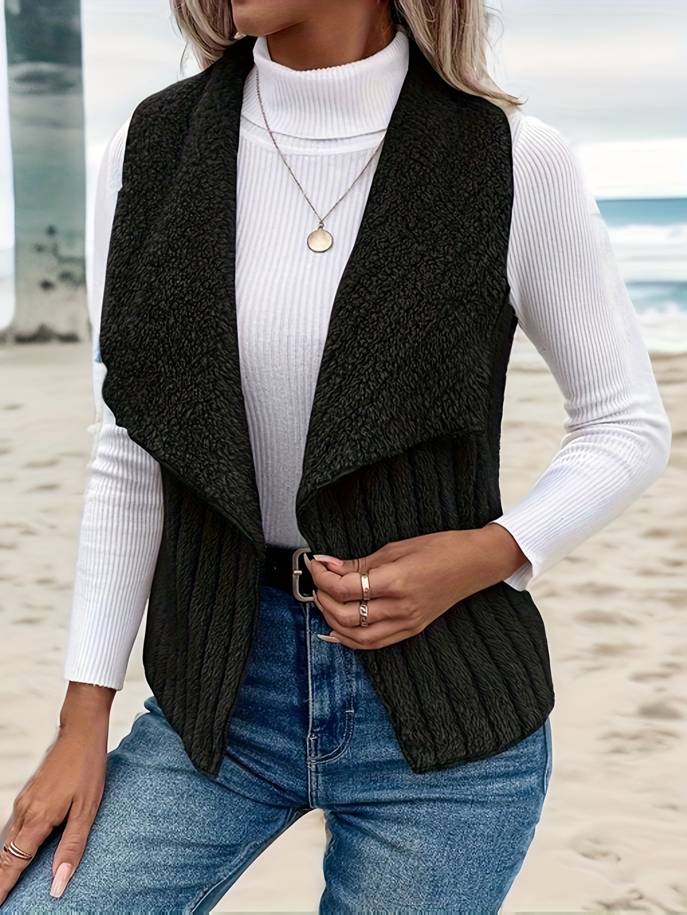 waterfall collar fuzzy vest elegant open front sleeveless vest womens clothing details 18