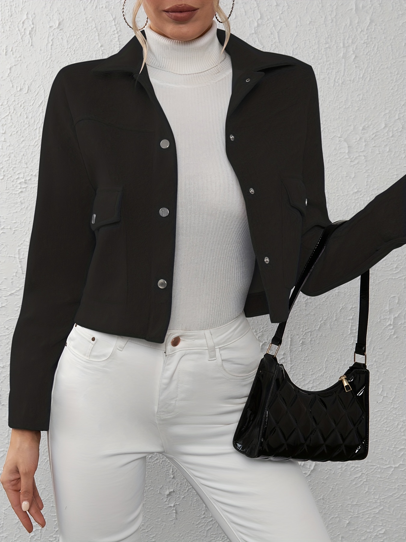 solid button front lapel neck jacket casual long sleeve outerwear for spring fall womens clothing details 5