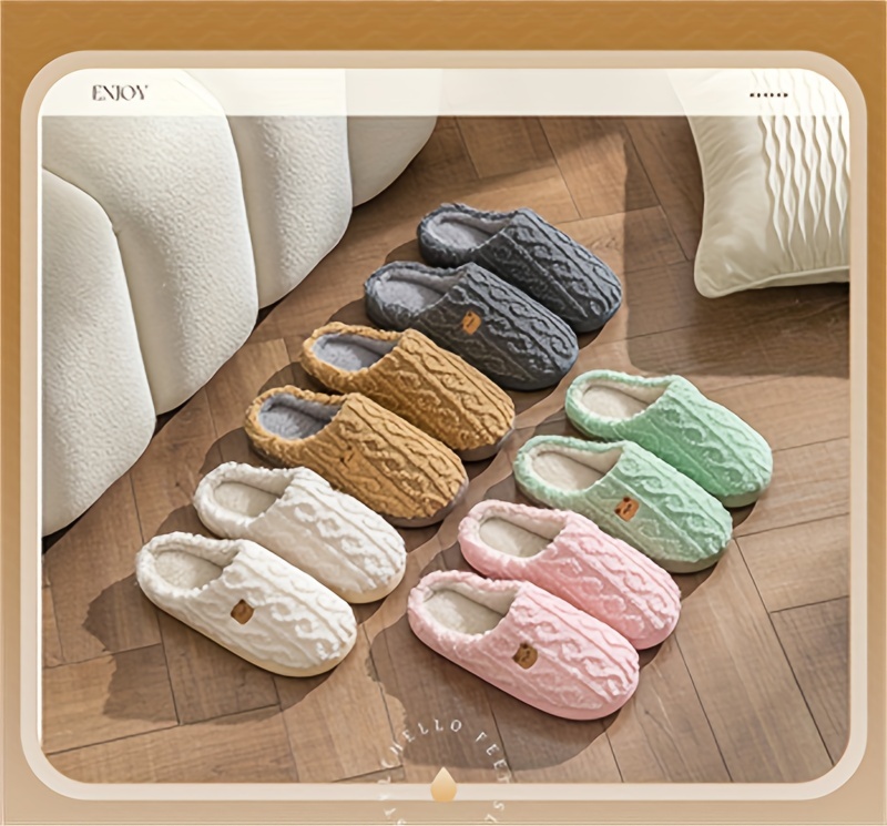 solid color home warm slippers slip on soft sole flat non slip fuzzy shoes winter plush cozy slides shoes details 10