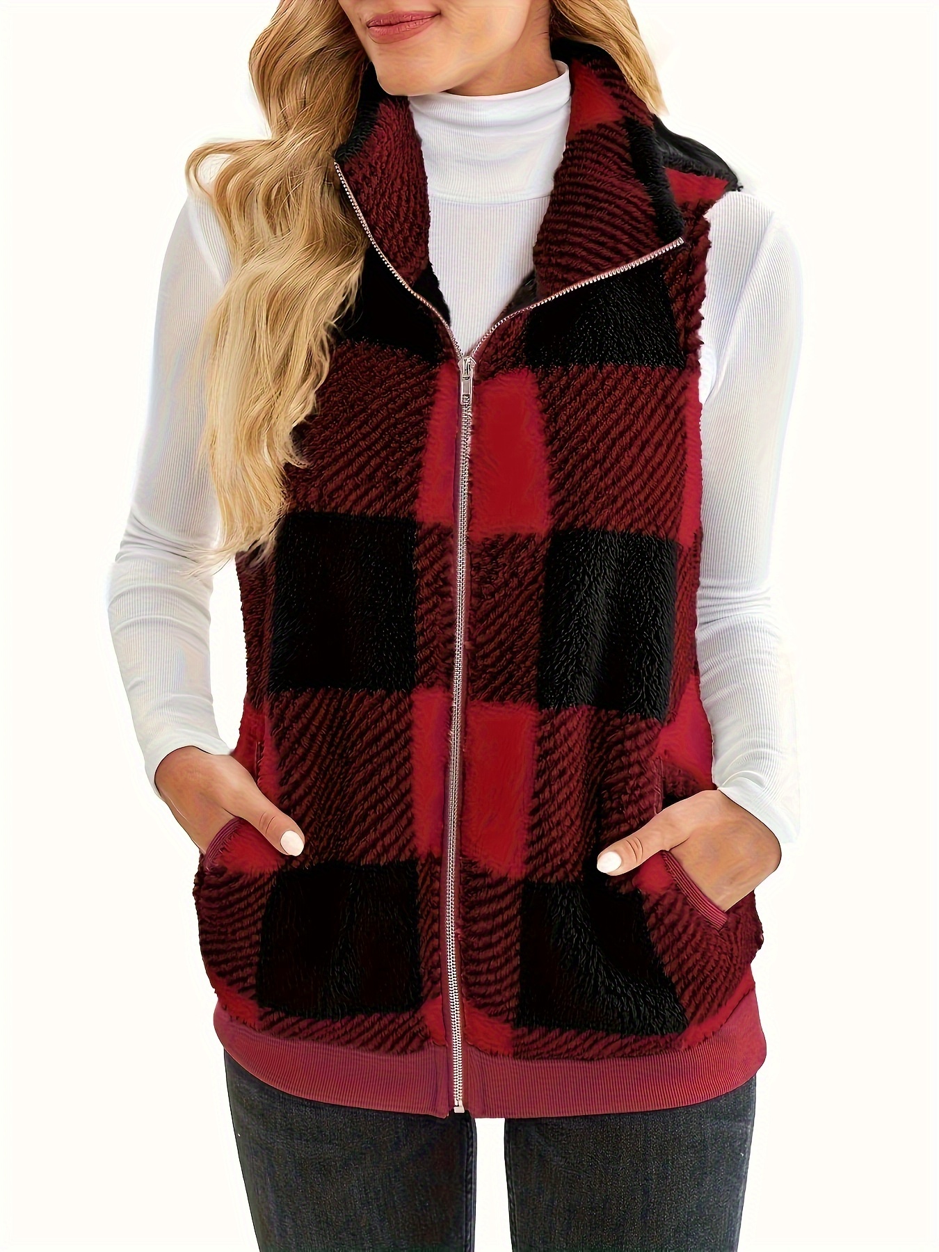 plaid stand collar teddy vest casual zip up sleeveless vest womens clothing details 0