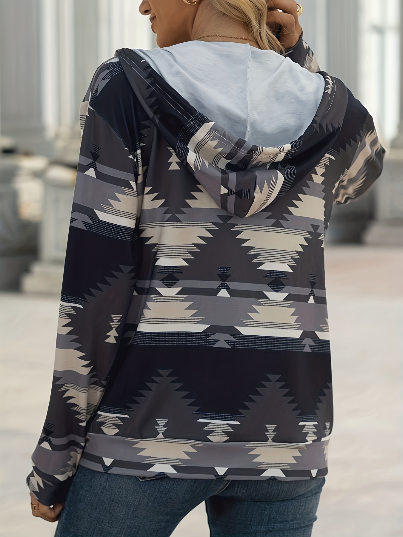 aztec print zip up jacket casual drawstring hooded long sleeve outerwear womens clothing details 25