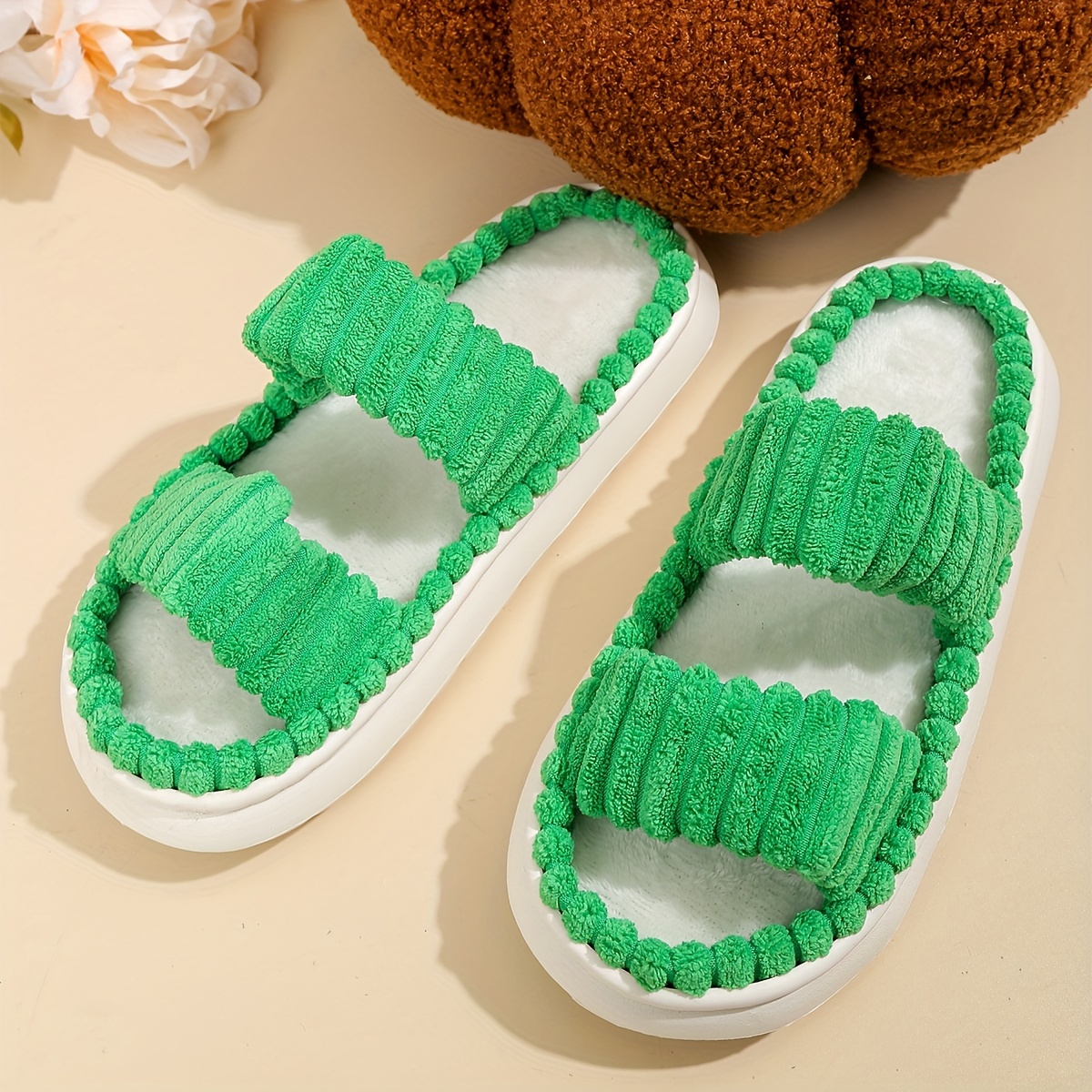 plush slippers, winter double band plush slippers super soft open toe fuzzy house shoes cozy warm home slippers details 5