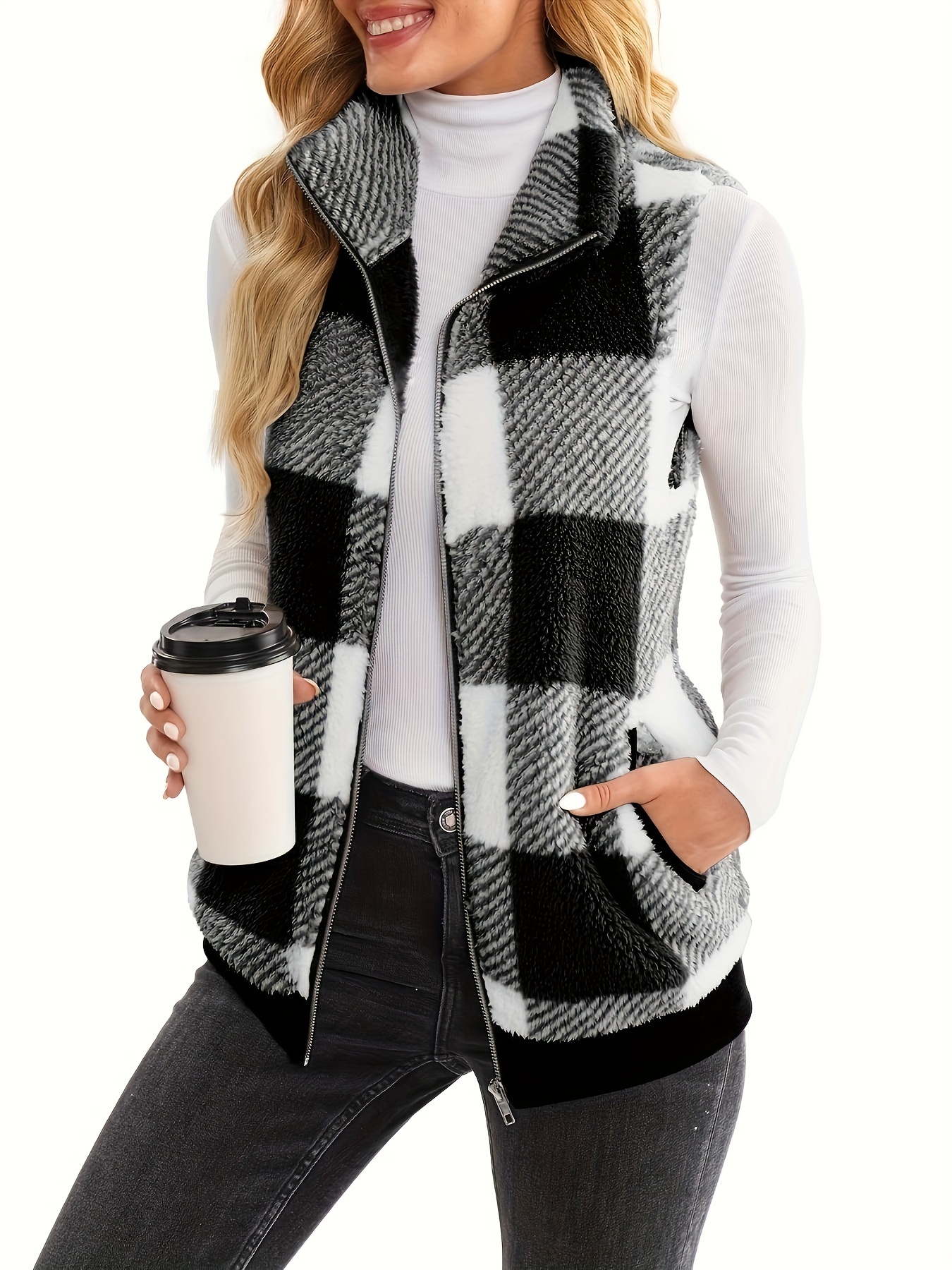 plaid stand collar teddy vest casual zip up sleeveless vest womens clothing details 13