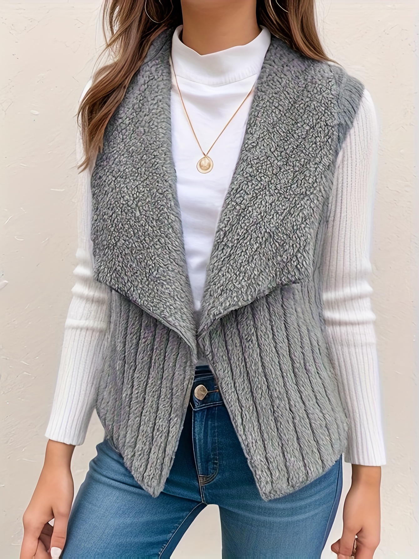 waterfall collar fuzzy vest elegant open front sleeveless vest womens clothing details 32