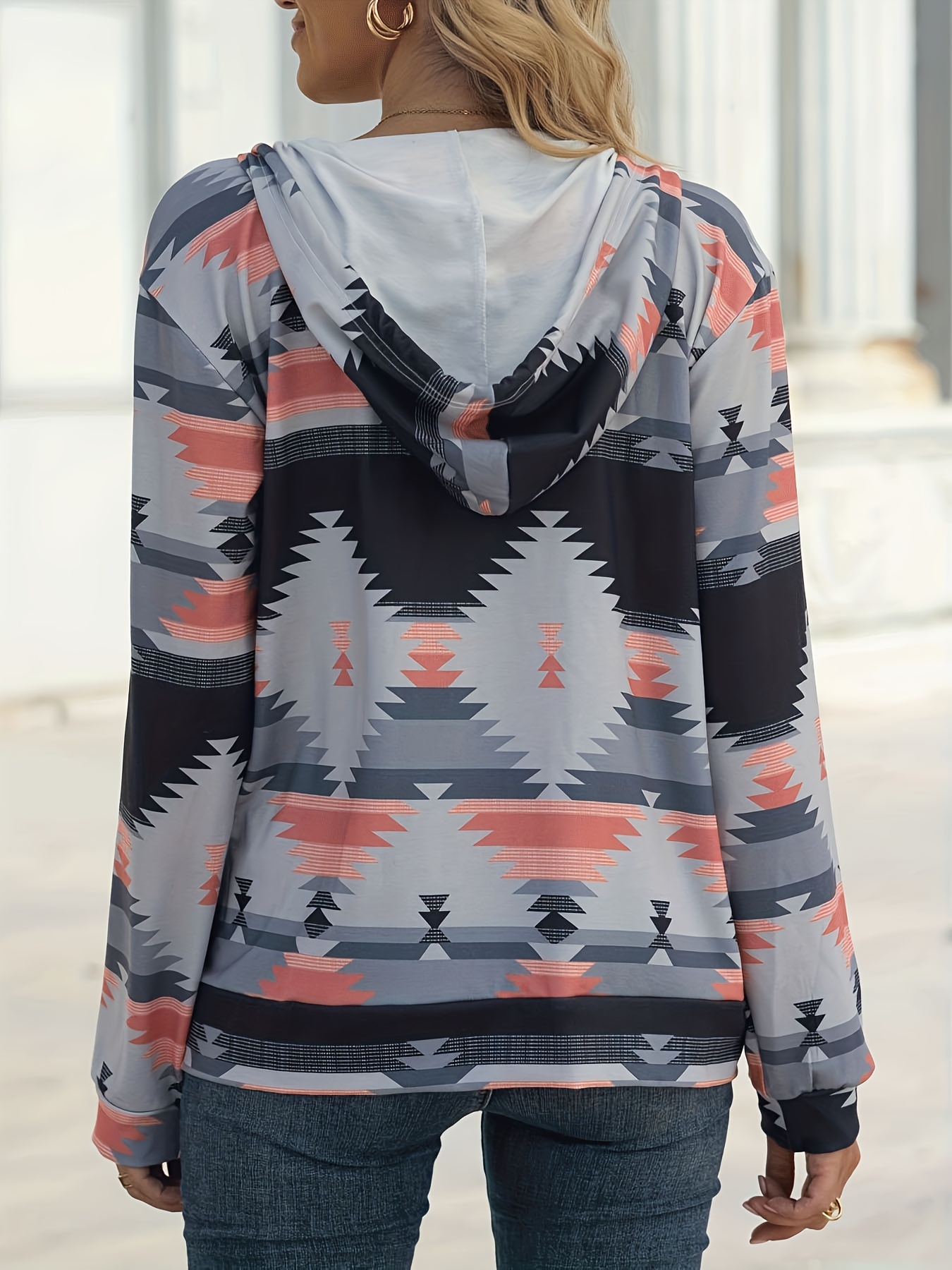 aztec print zip up jacket casual drawstring hooded long sleeve outerwear womens clothing details 20
