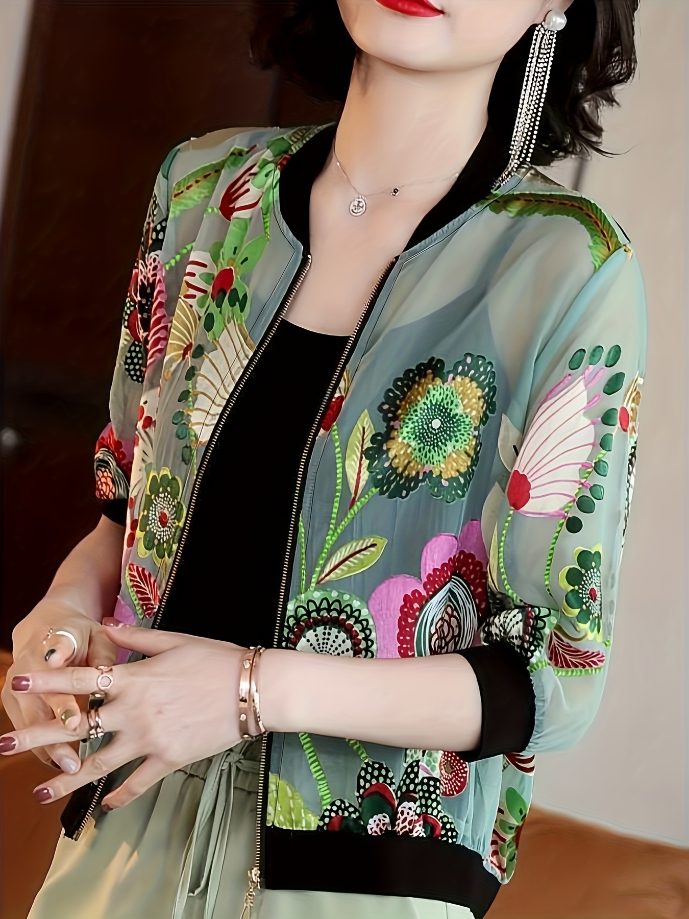floral print zip up lightweight jacket casual long sleeve baseball collar outerwear for spring summer womens clothing details 11