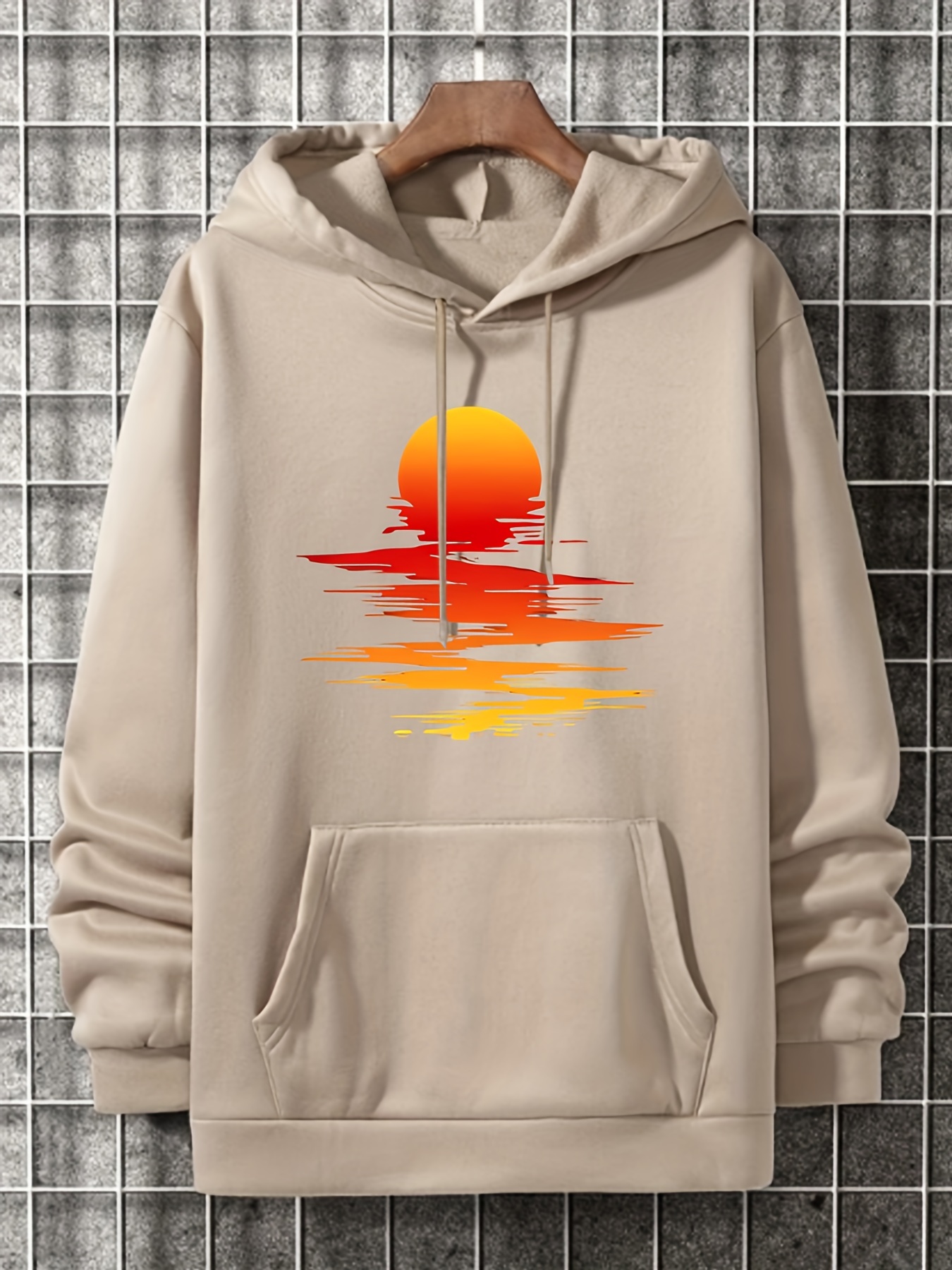 sunset print hoodie cool hoodies for men mens casual graphic design pullover hooded sweatshirt with kangaroo pocket streetwear for winter fall as gifts details 0