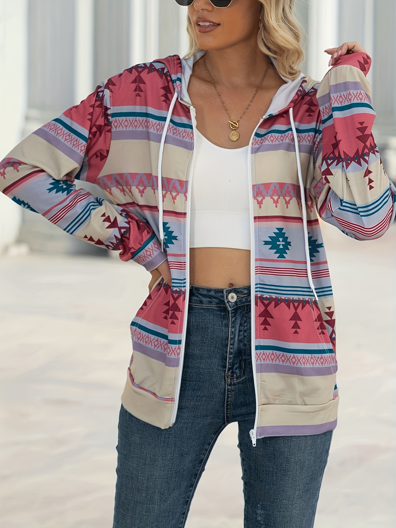 aztec print zip up jacket casual drawstring hooded long sleeve outerwear womens clothing details 13