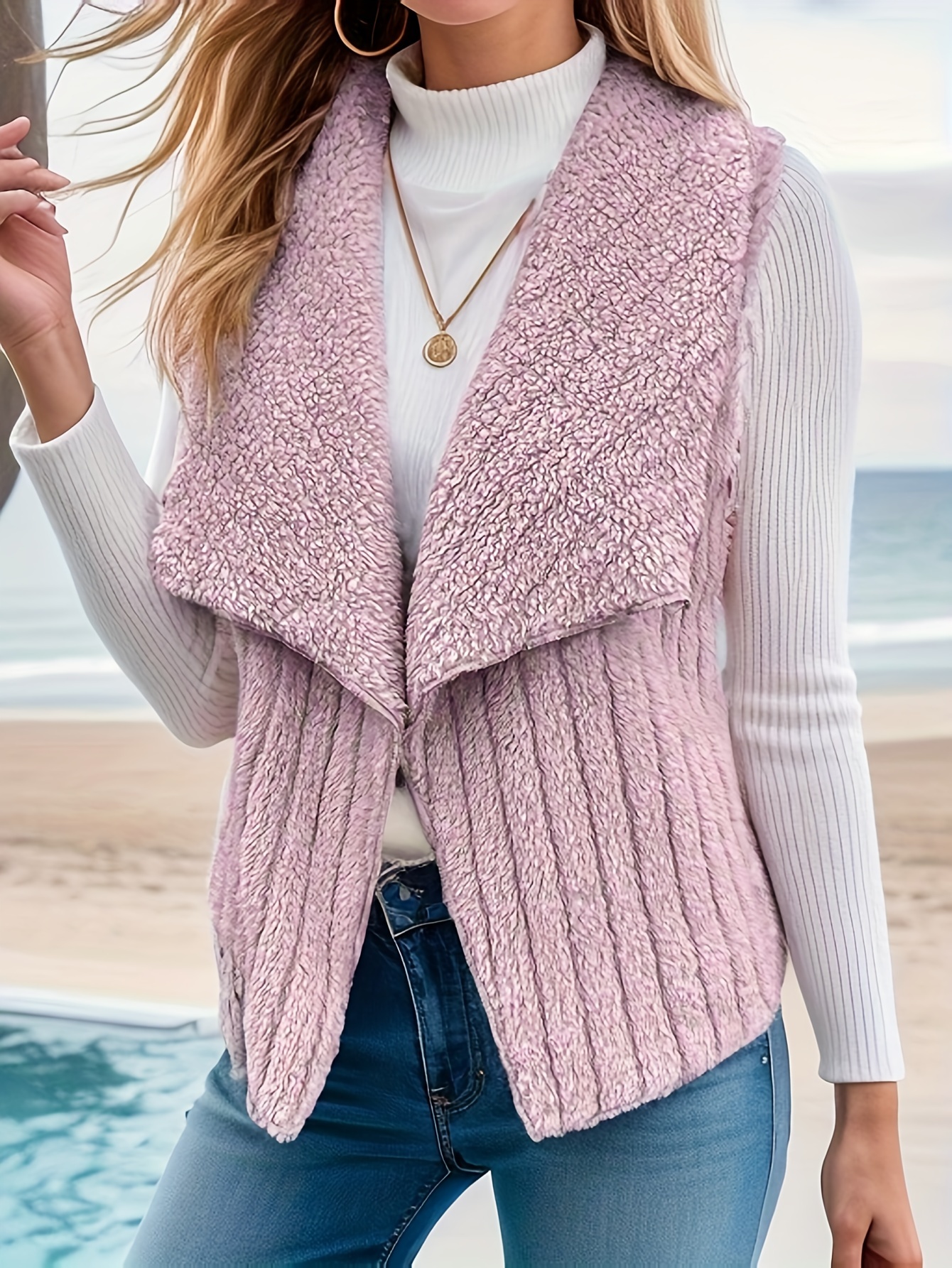 waterfall collar fuzzy vest elegant open front sleeveless vest womens clothing details 29