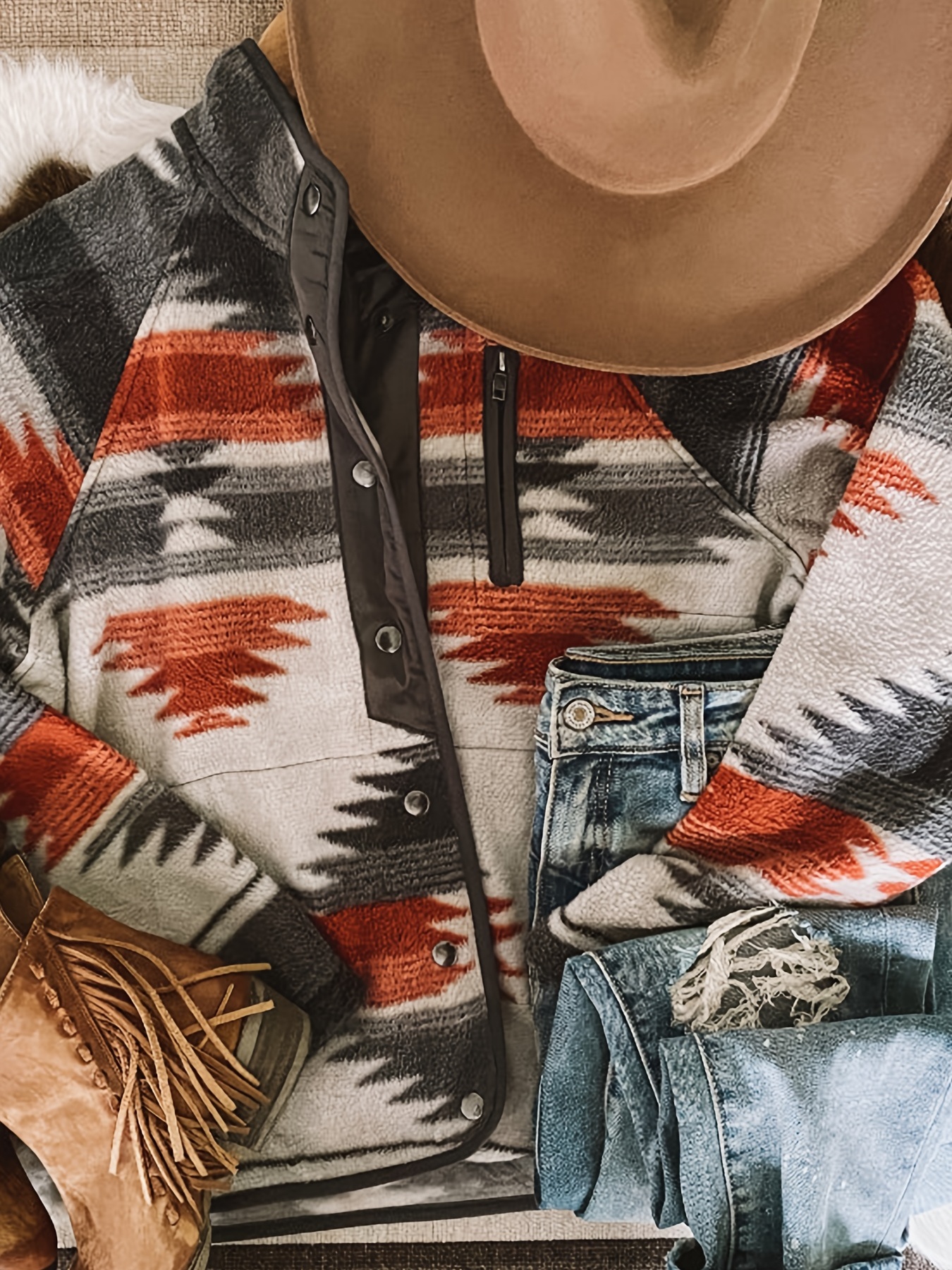 aztec print buttoned retro jacket casual every day outerwear for fall winter womens clothing details 7