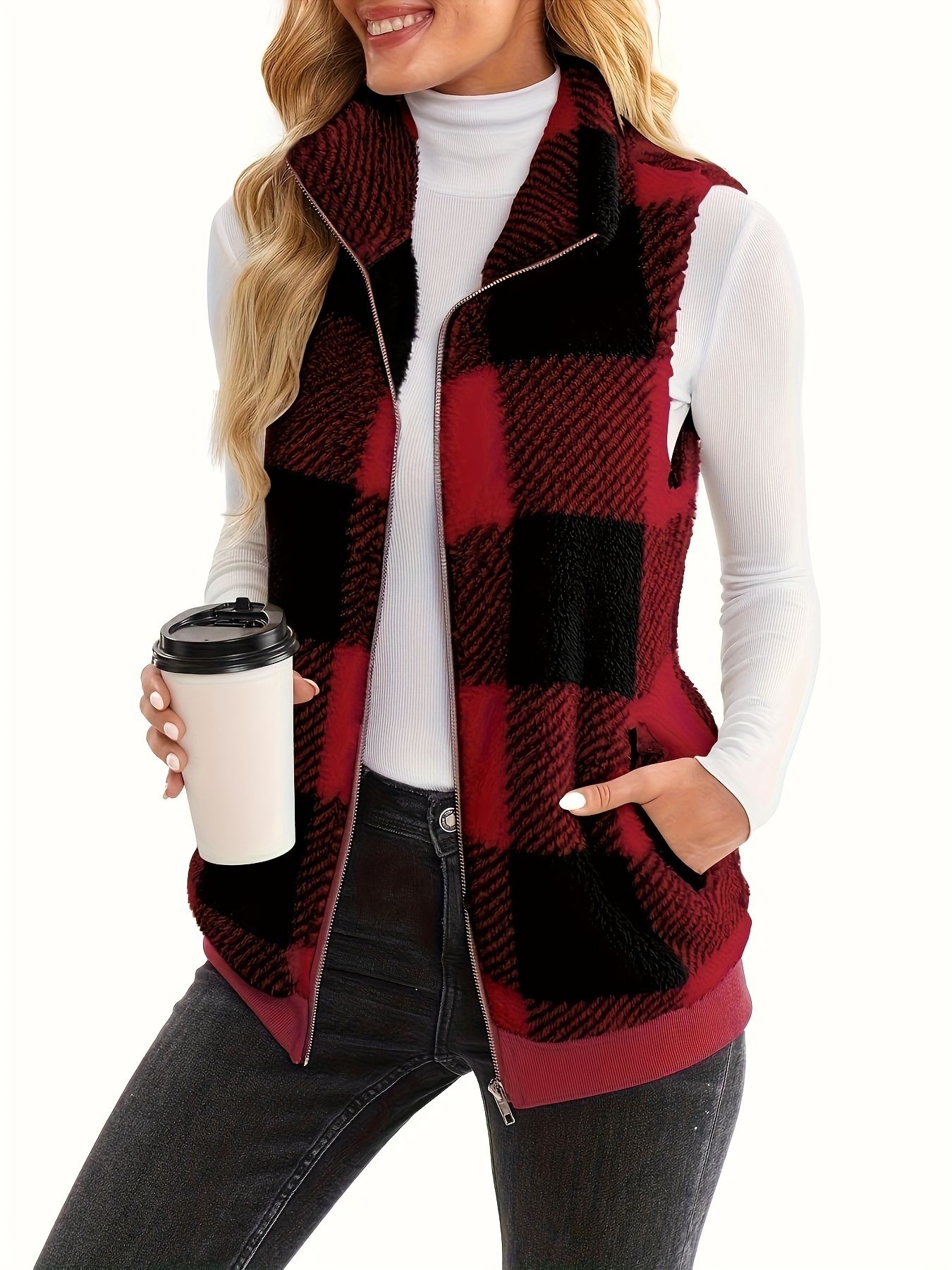 plaid stand collar teddy vest casual zip up sleeveless vest womens clothing details 4